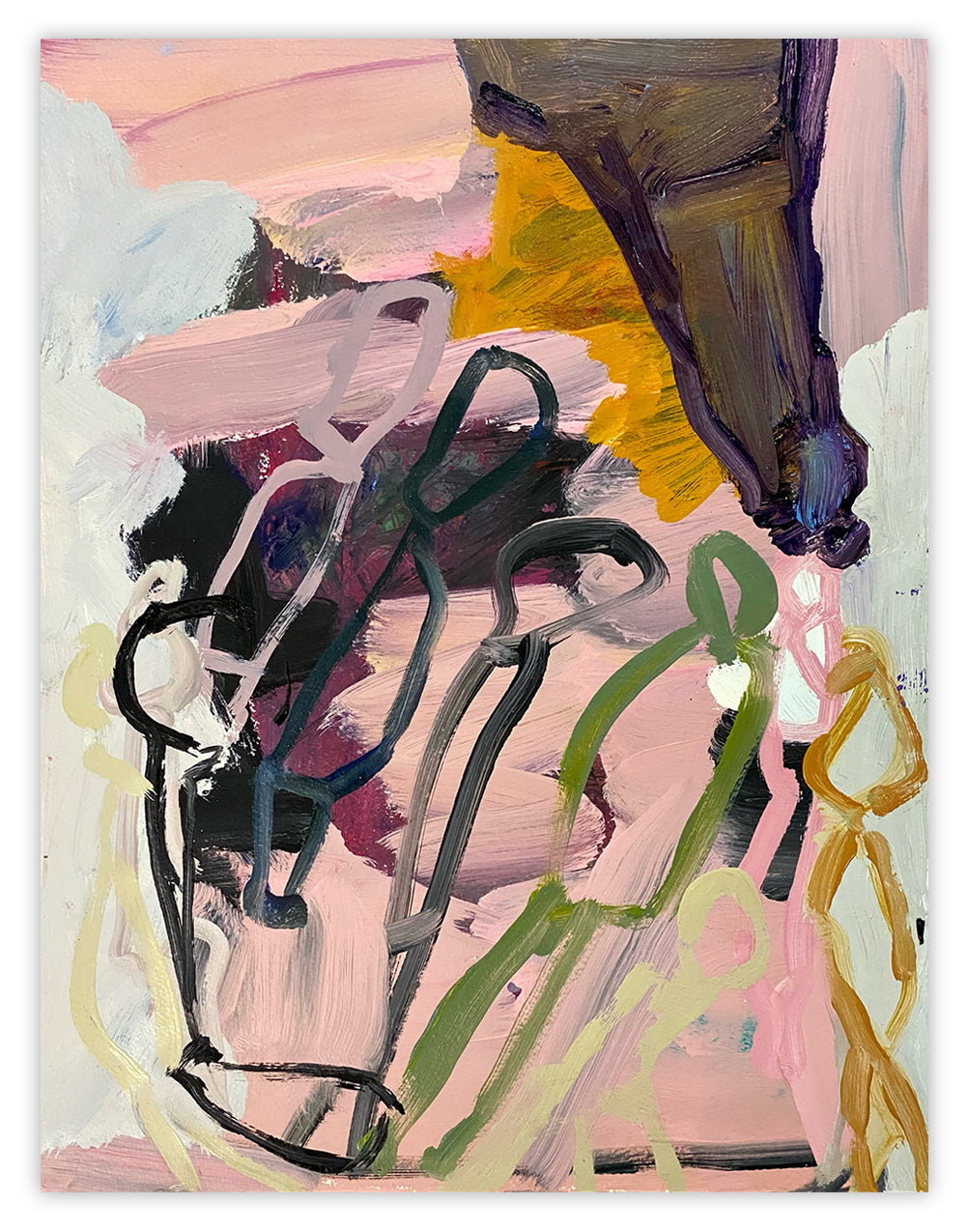 A painting of a group of people standing in front of a pink background.