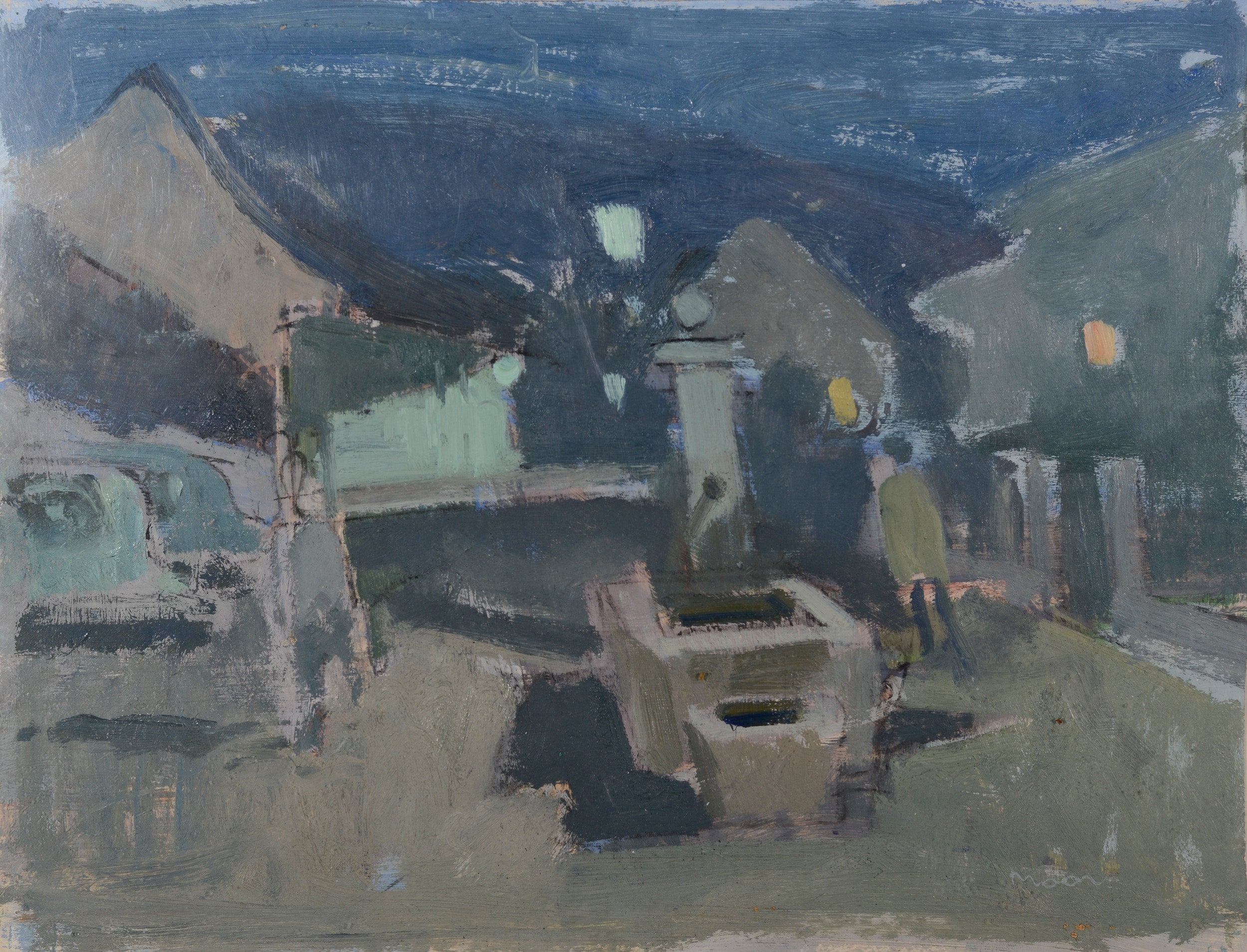 A painting of a city at night with buildings in the background.