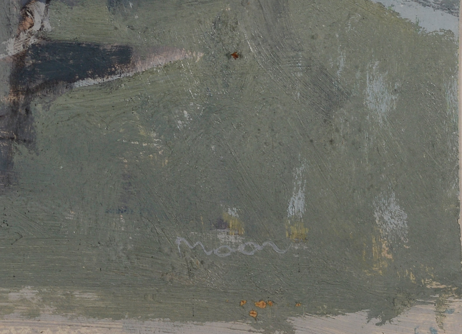 A painting of a city at night with buildings in the background.