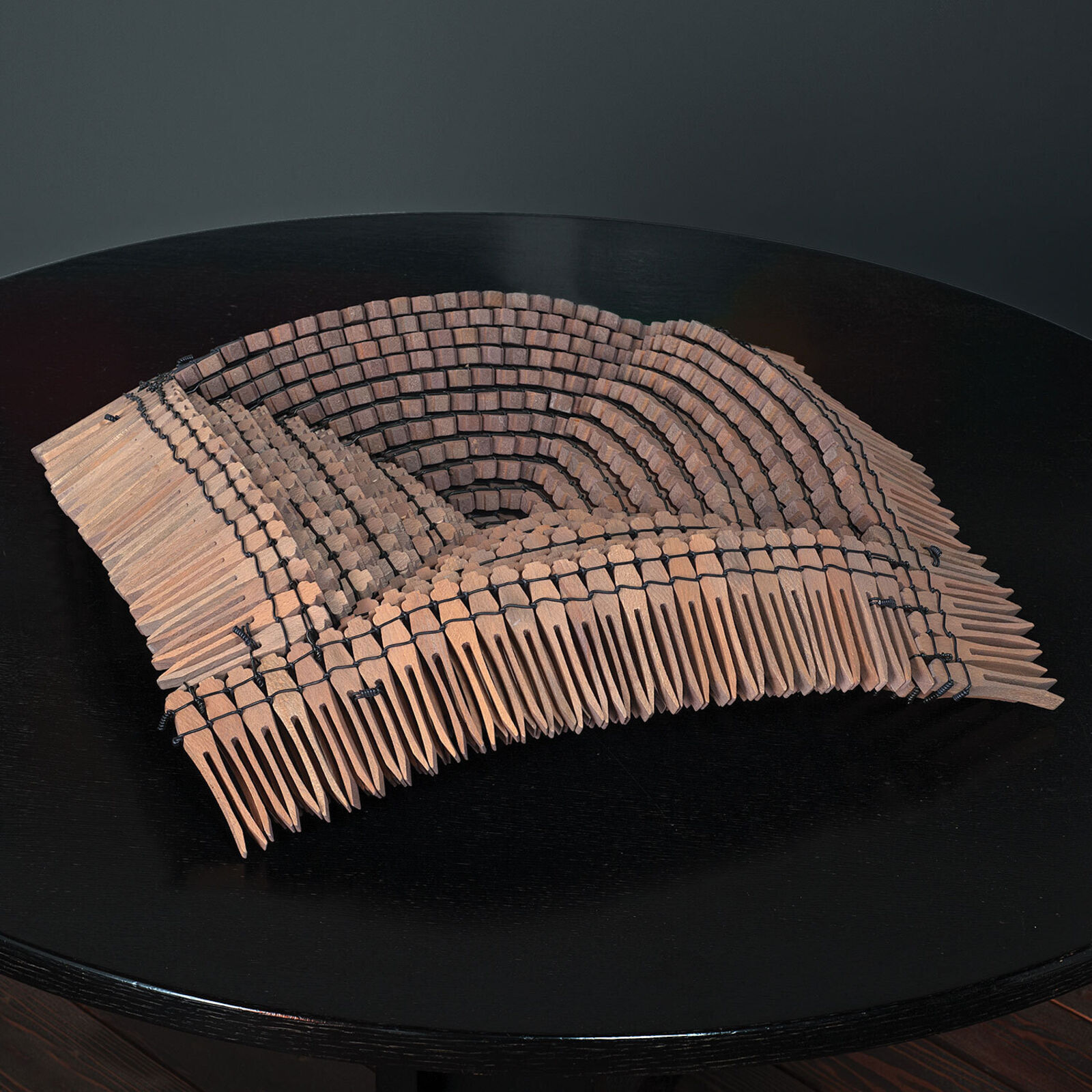 A sculptural arrangement of wooden comb teeth forming a textured, curved surface on a dark table.
