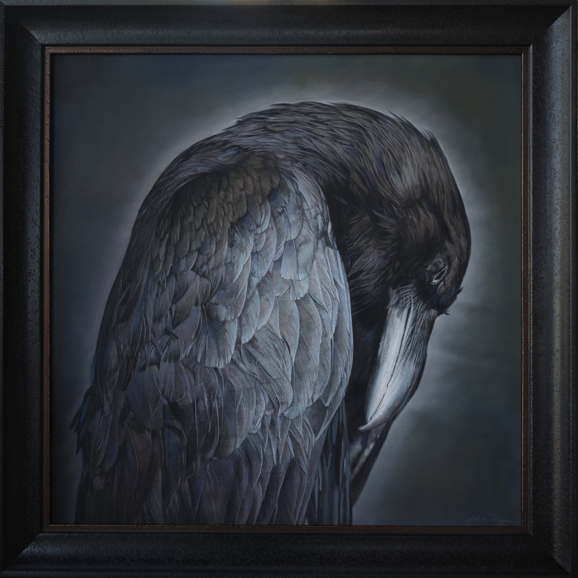 A painting of a black bird with a black frame.