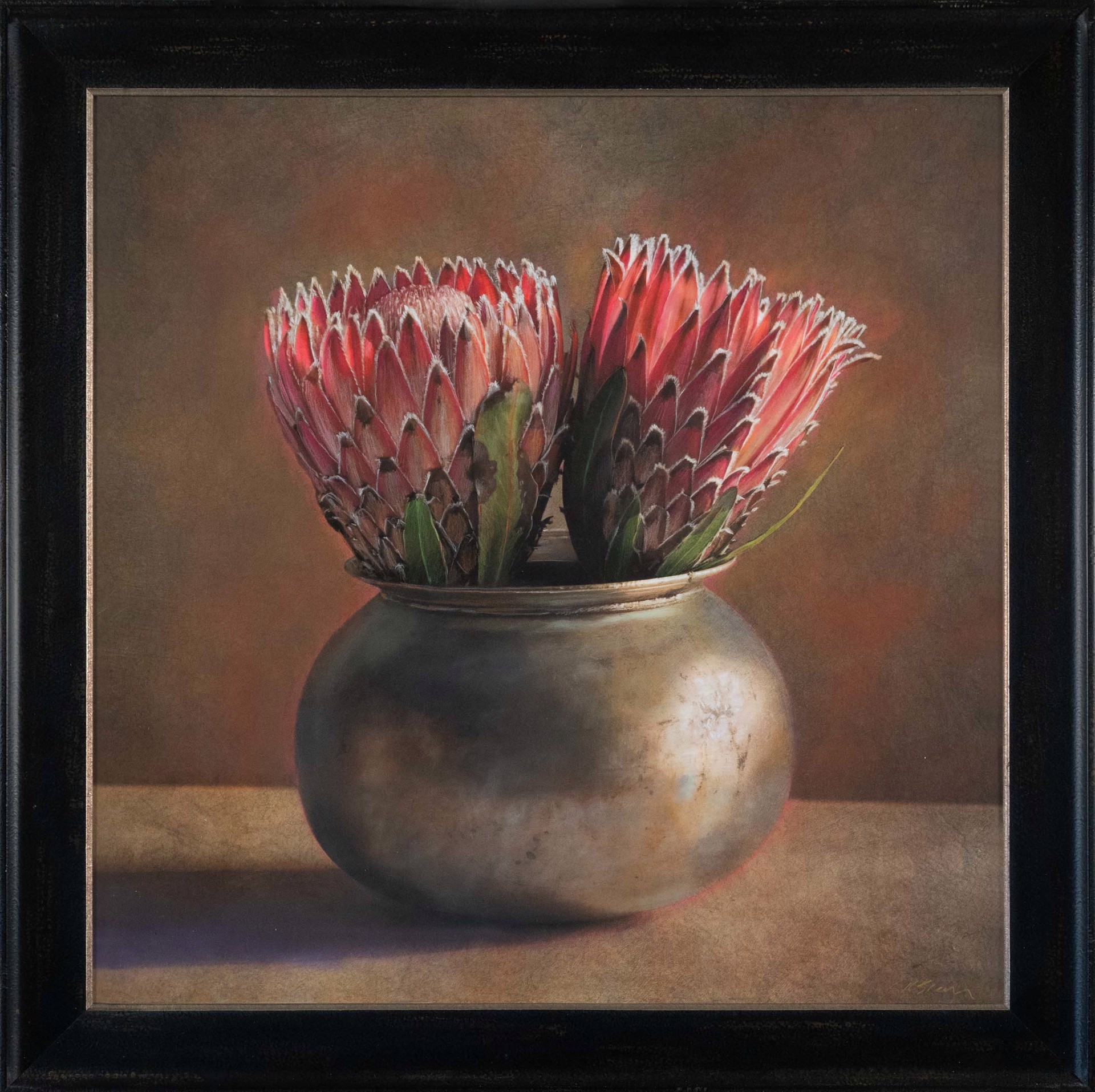 A painting of two red flowers in a silver vase.