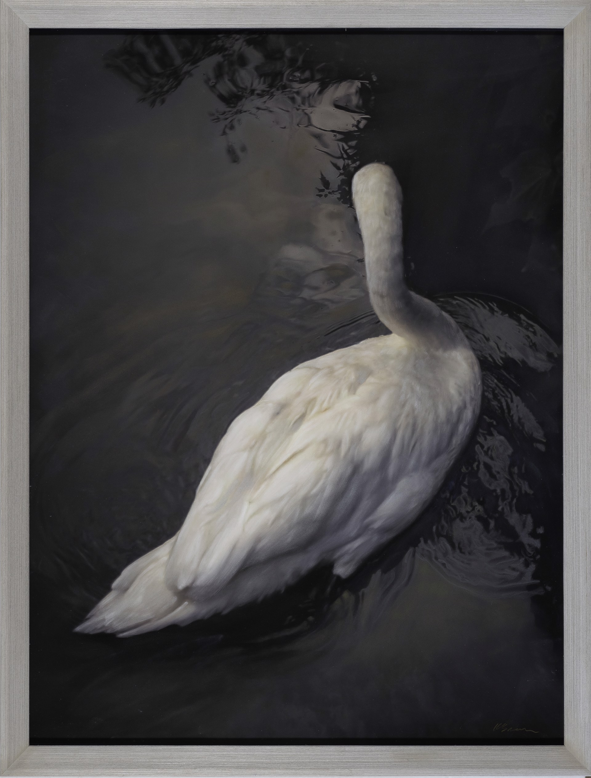A painting of a white swan floating in the water.