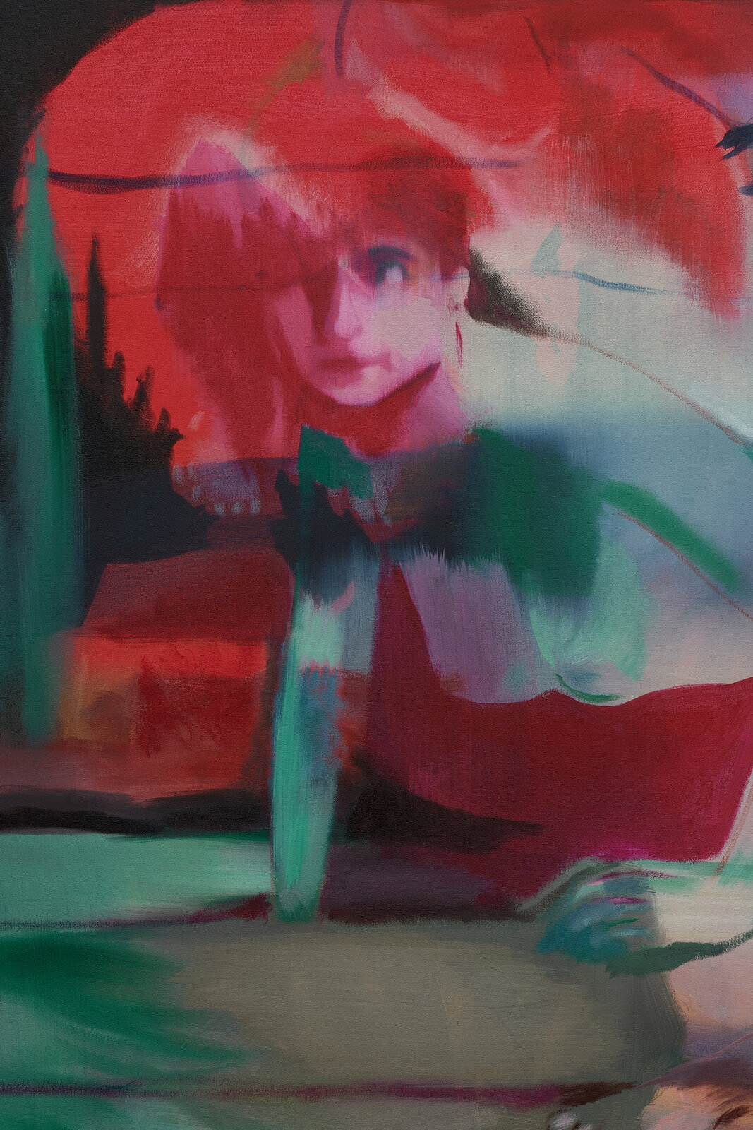 A dreamlike painting featuring a figure in green leaning over another person, set against a surreal background of red and dark tones.