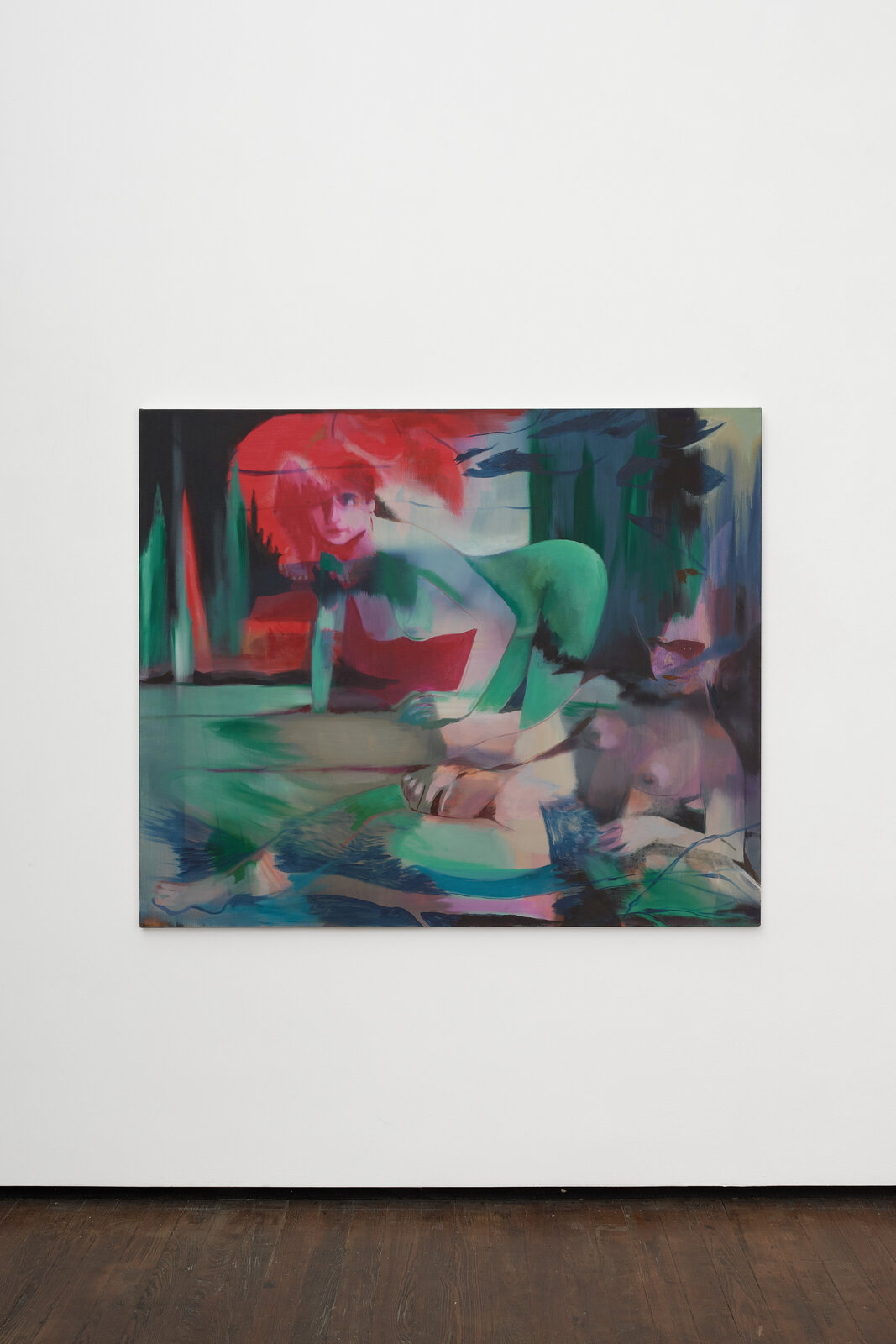 A dreamlike painting featuring a figure in green leaning over another person, set against a surreal background of red and dark tones.