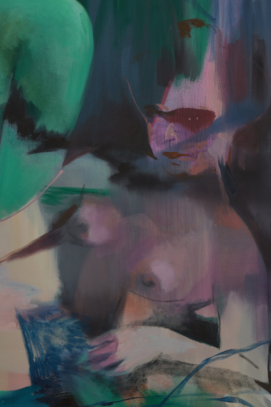 A dreamlike painting featuring a figure in green leaning over another person, set against a surreal background of red and dark tones.