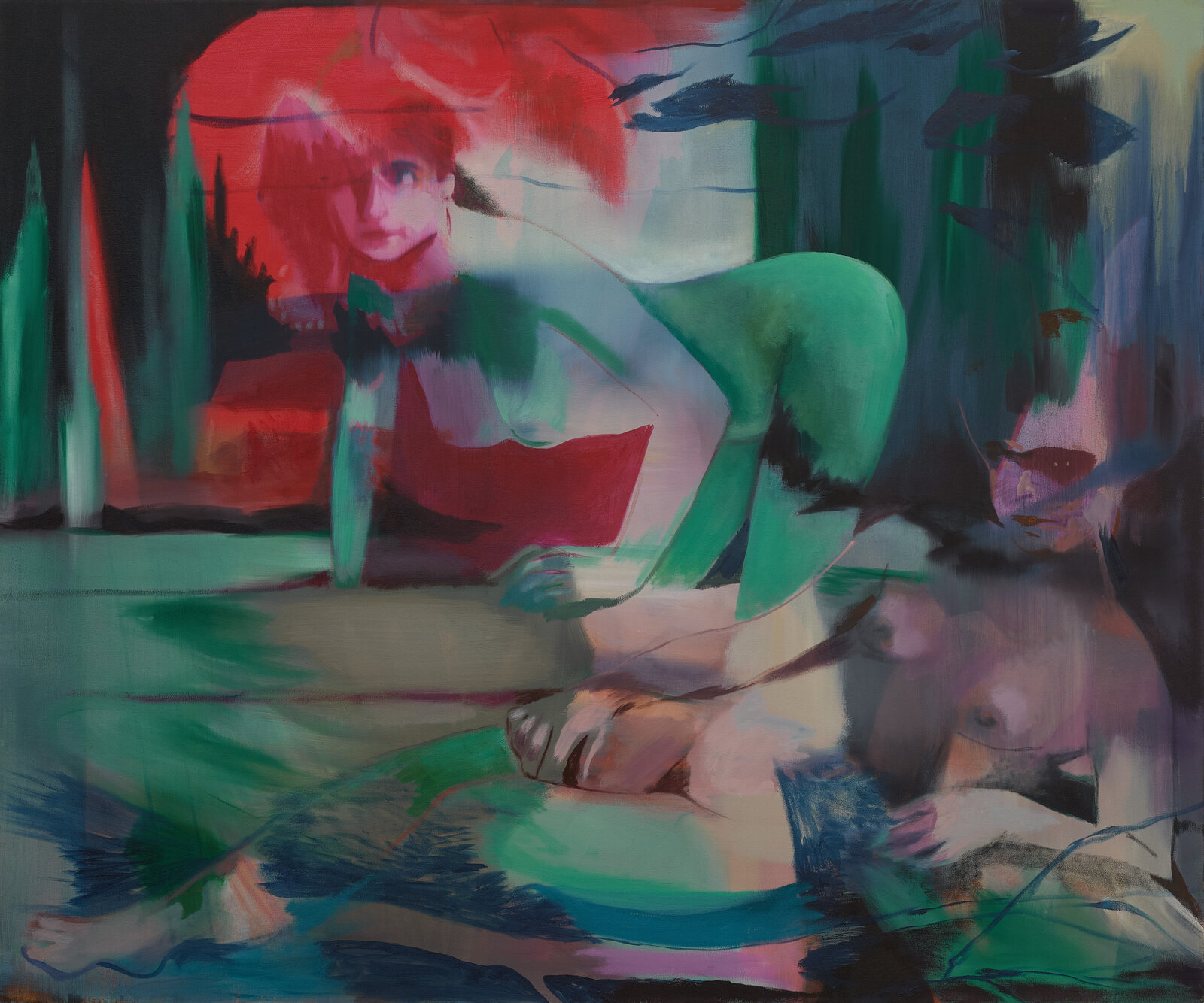 A dreamlike painting featuring a figure in green leaning over another person, set against a surreal background of red and dark tones.