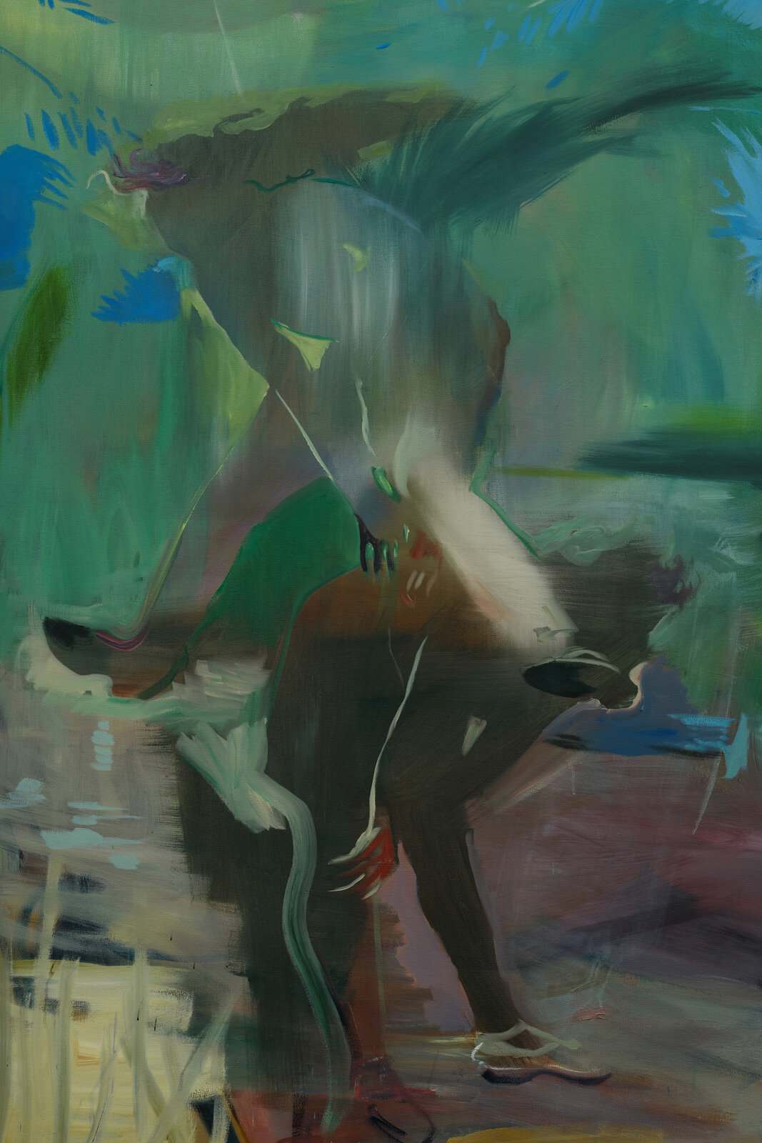 A vibrant painting of a figure by the water with a bird in the distance.