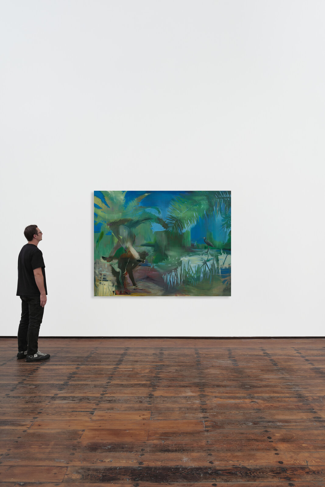 A vibrant painting of a figure by the water with a bird in the distance.