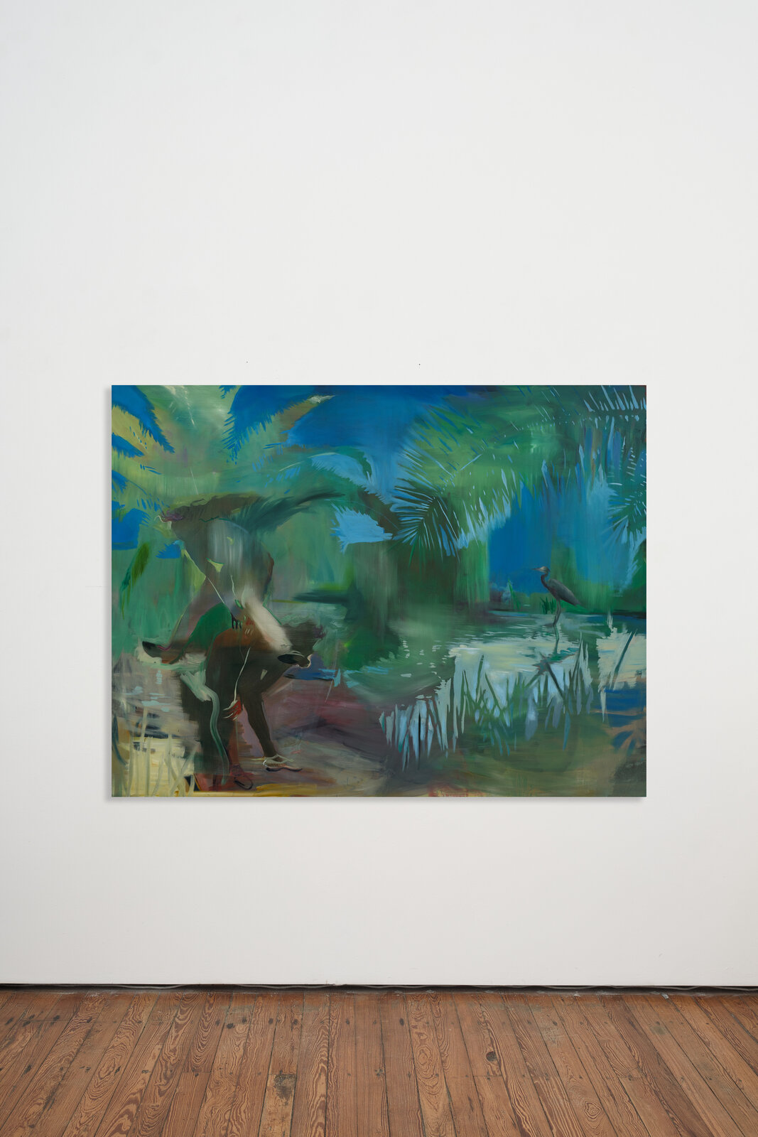 A vibrant painting of a figure by the water with a bird in the distance.