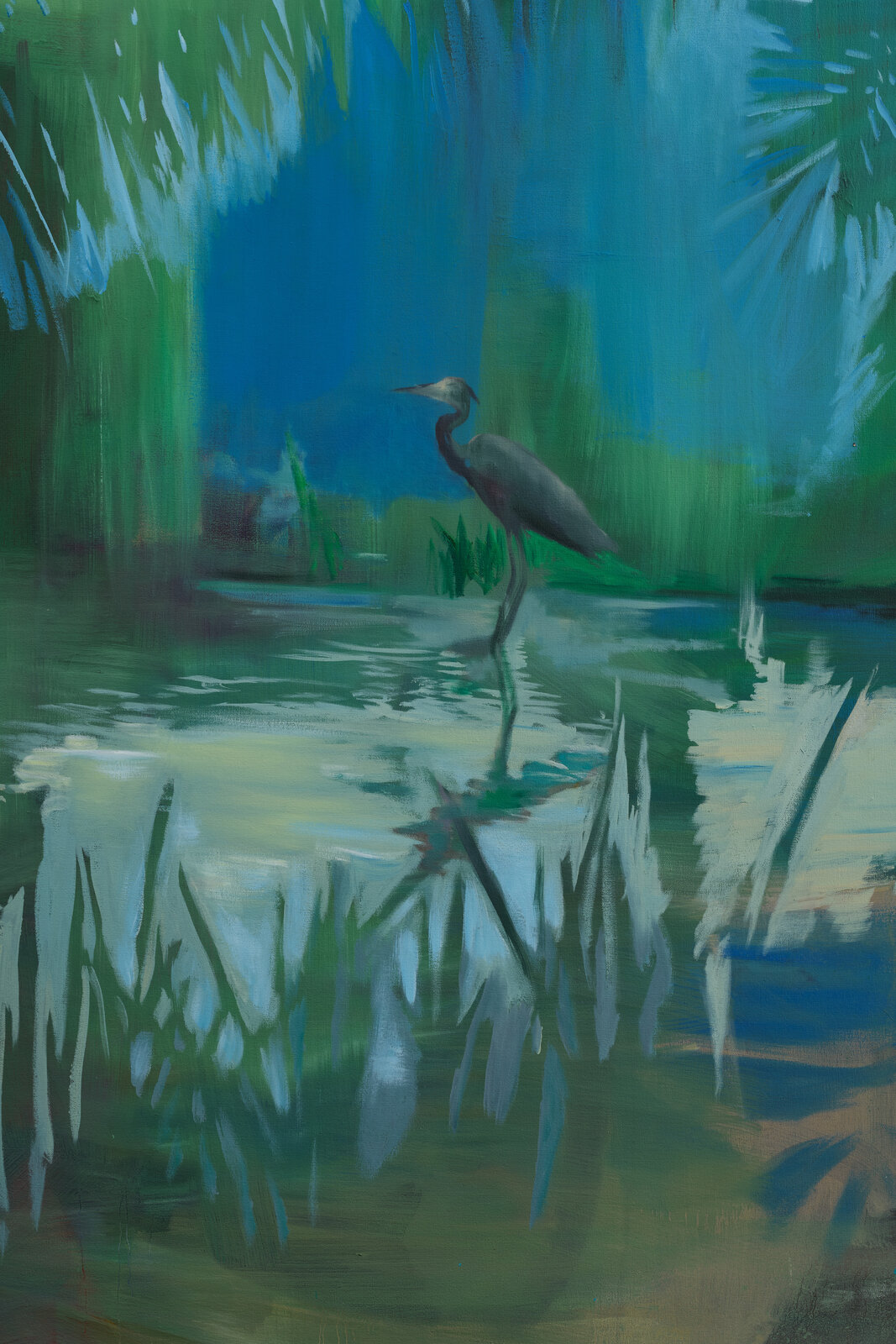 A vibrant painting of a figure by the water with a bird in the distance.