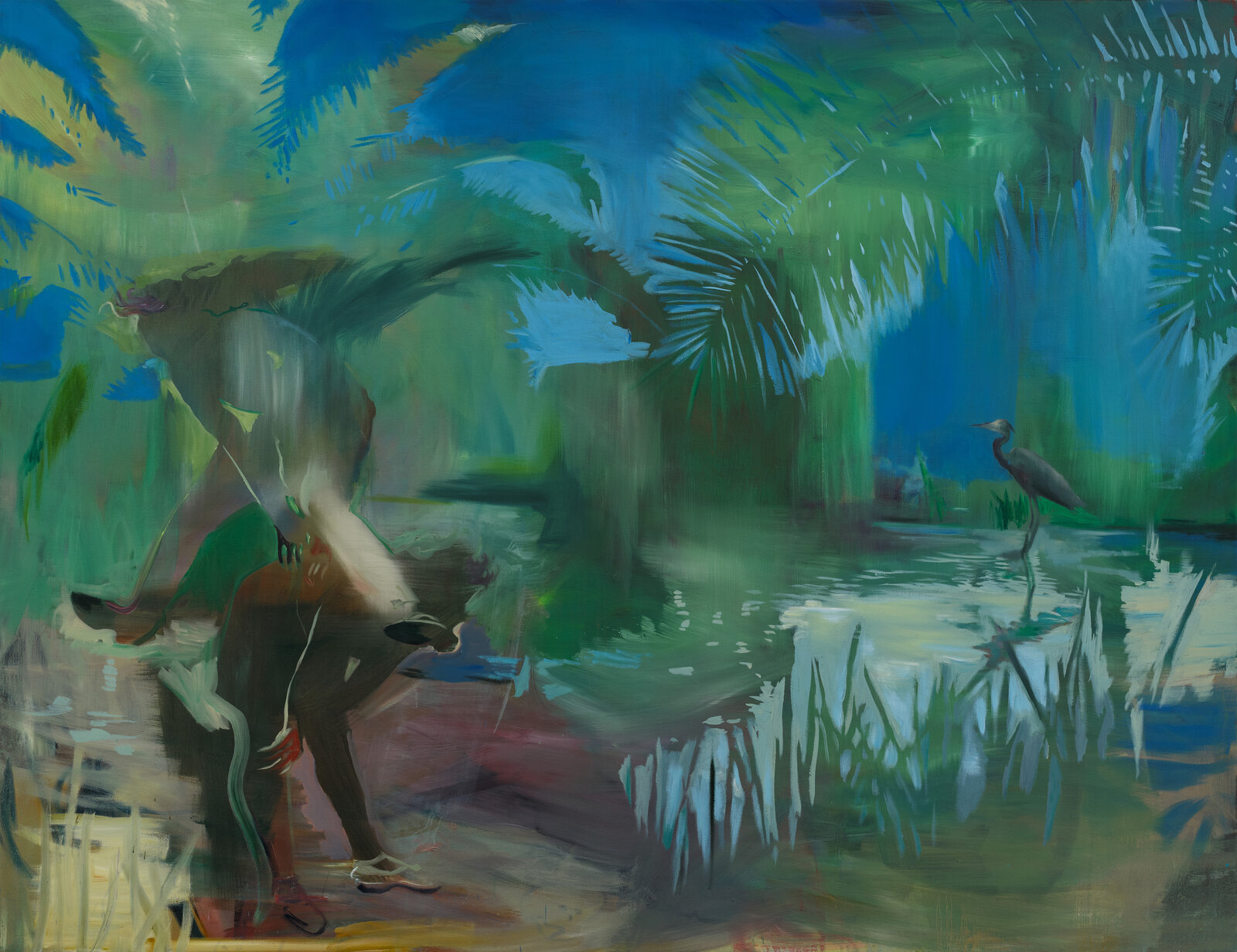 A vibrant painting of a figure by the water with a bird in the distance.