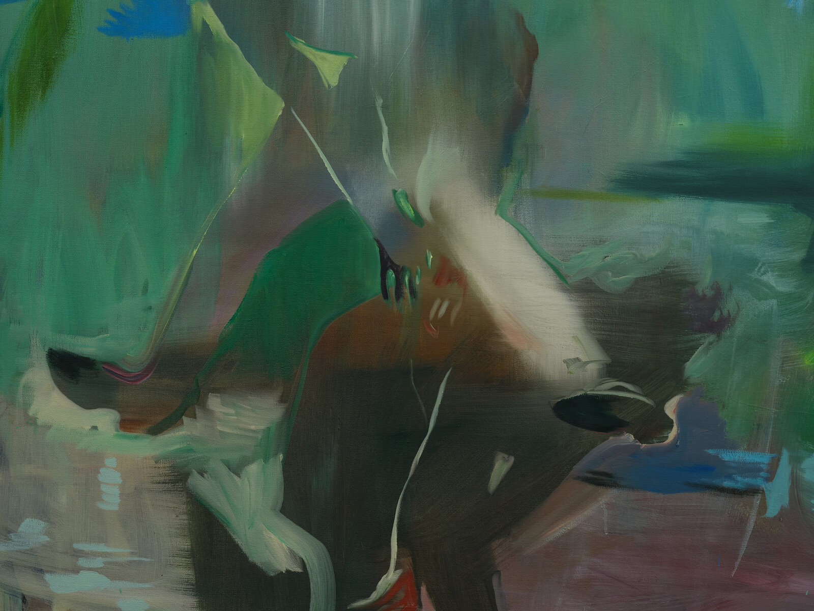 A vibrant painting of a figure by the water with a bird in the distance.