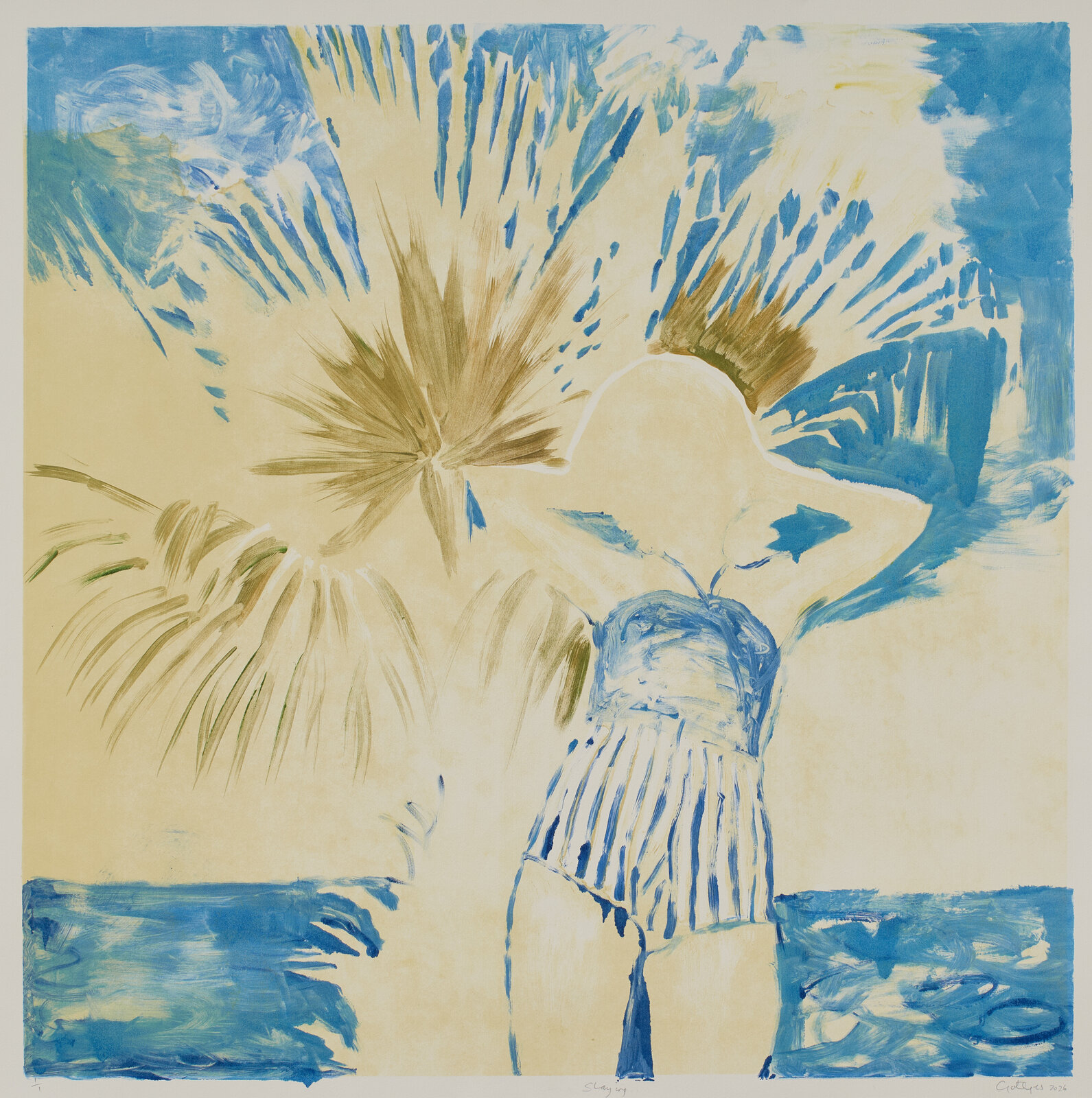 A stylized figure in a striped swimsuit stands with arms raised against a backdrop of palm fronds and blue water.