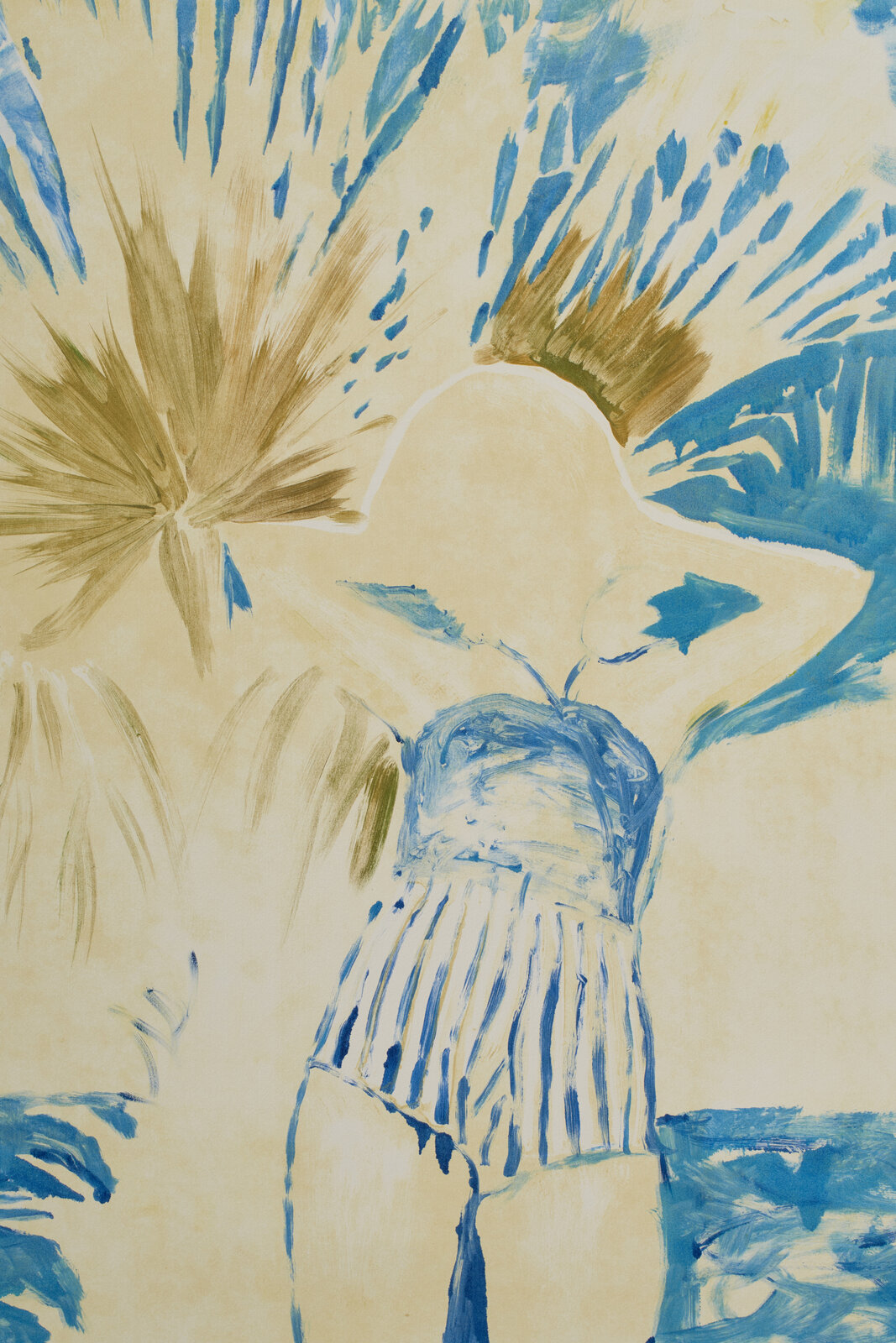 A stylized figure in a striped swimsuit stands with arms raised against a backdrop of palm fronds and blue water.