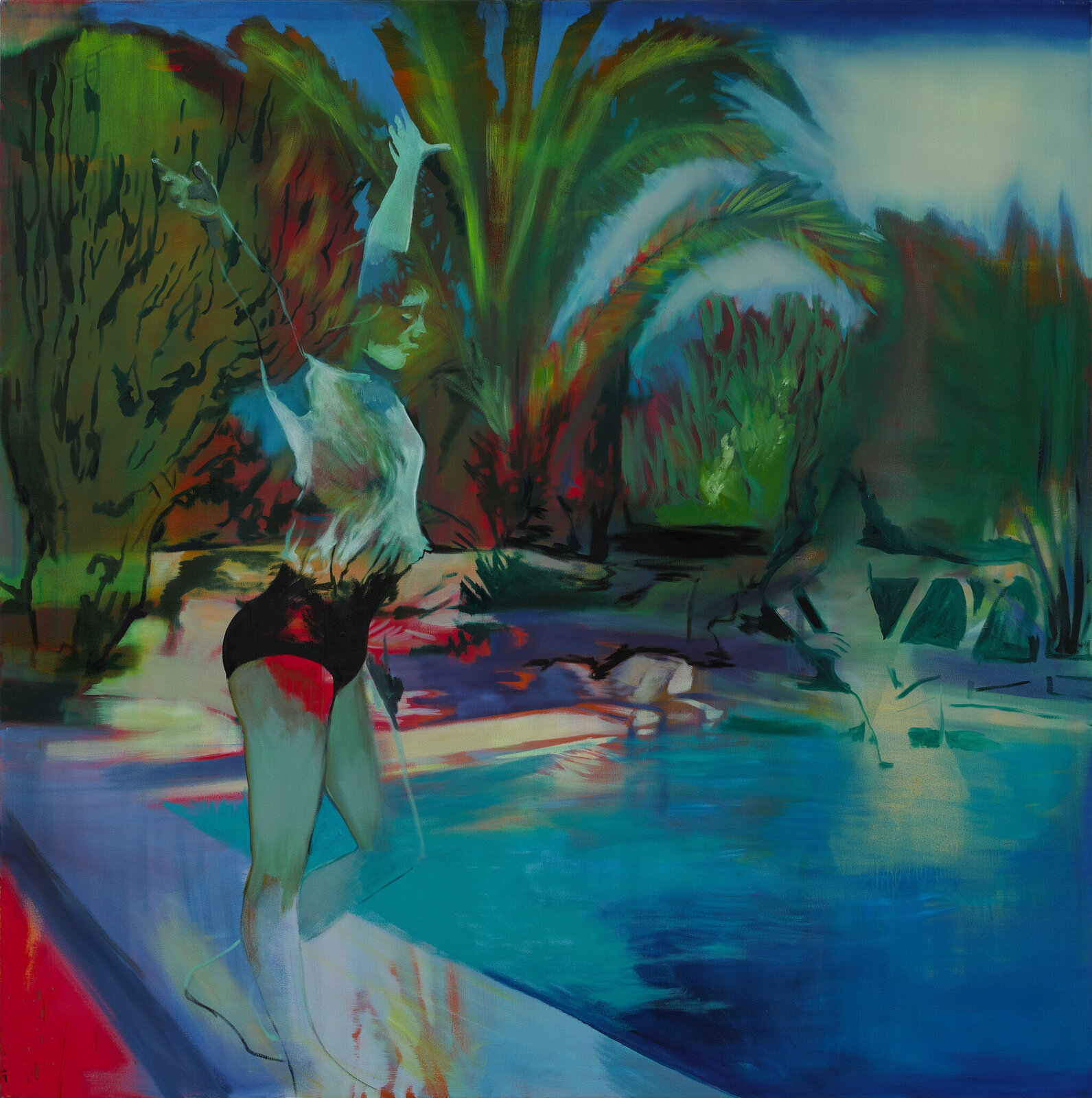 A vibrant, impressionistic painting of a figure in a swimsuit standing by a pool with palm trees and lush foliage.