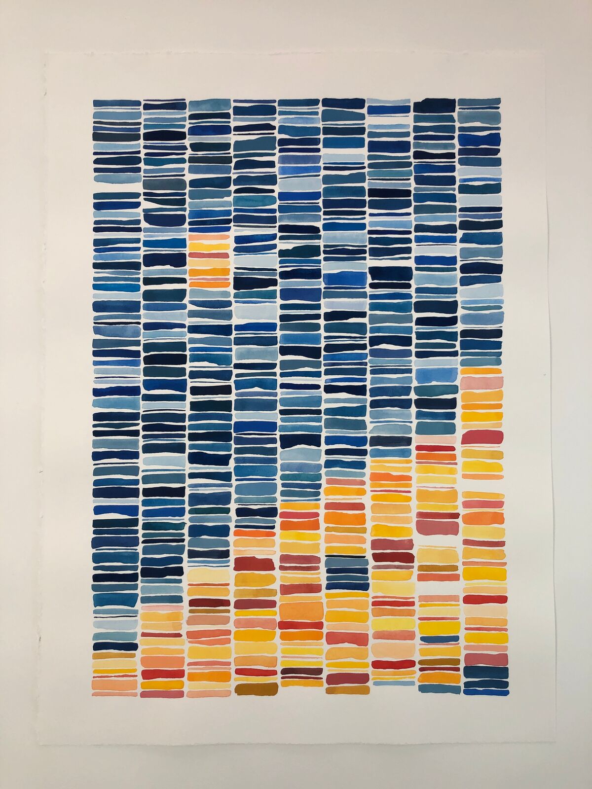 A watercolor study of a color gradient chart featuring vertical columns of horizontal strokes.