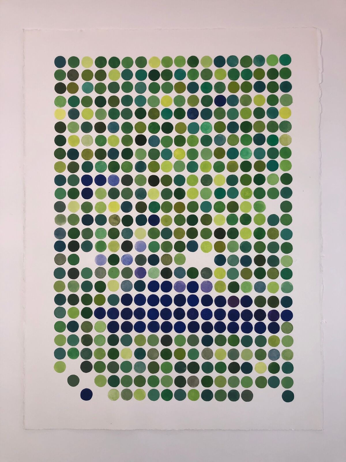 A portrait composed of hundreds of small, colored dots on white paper.