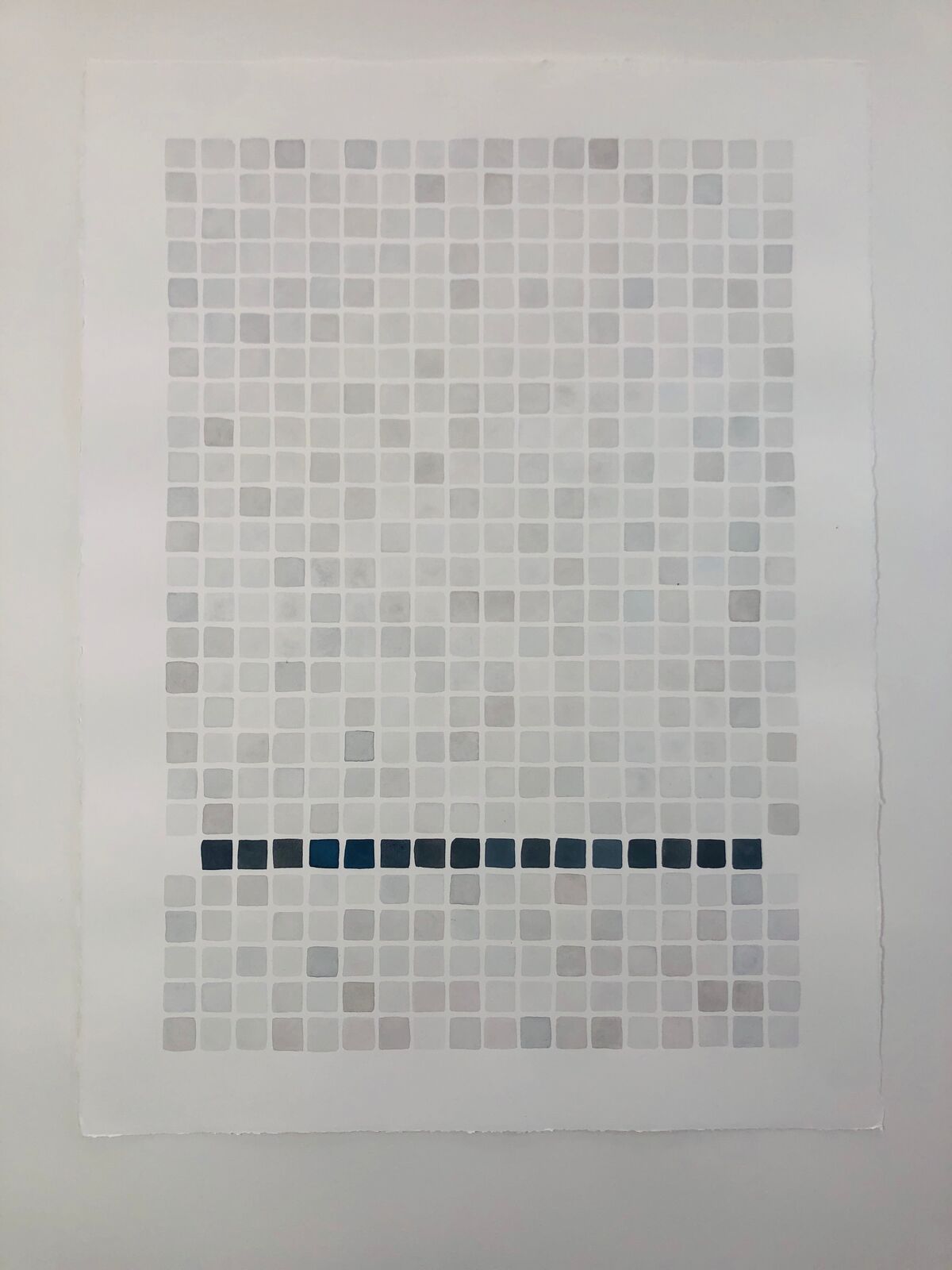 A minimalist grid of small squares with a single row of dark blue tiles breaking the pattern.