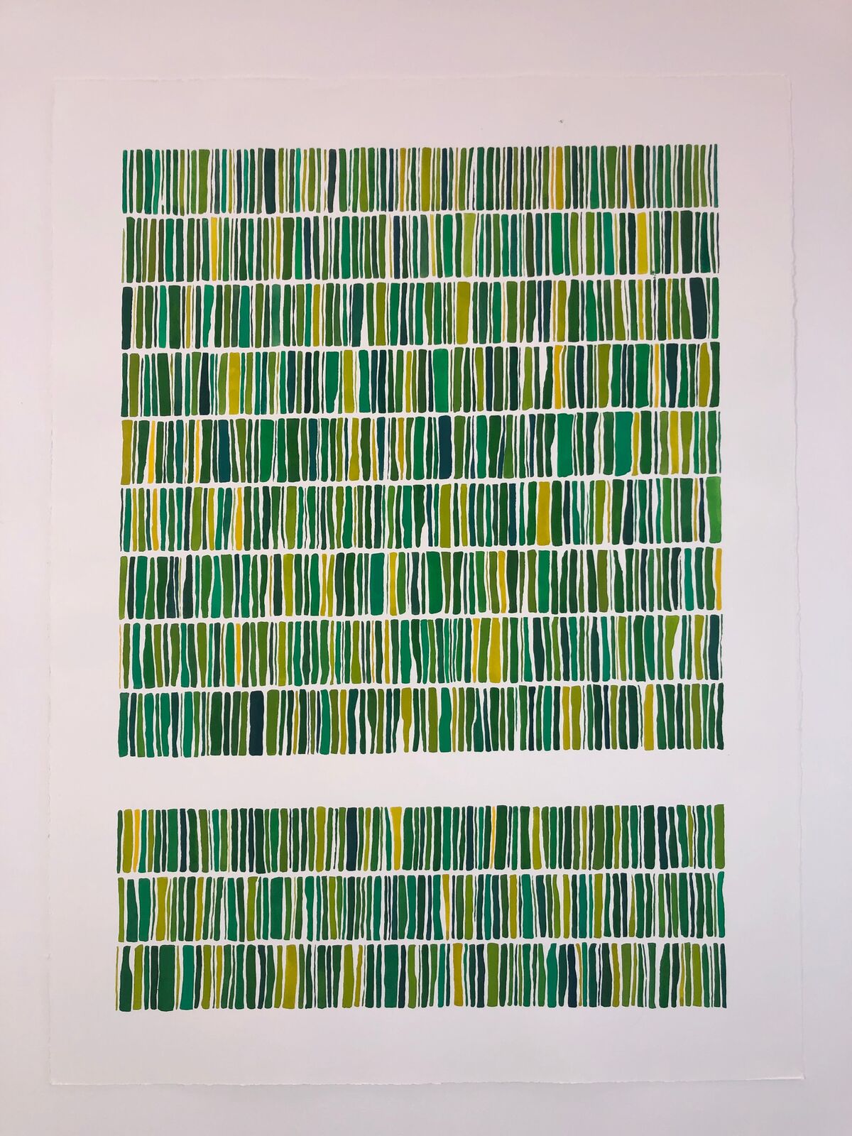 A rhythmic abstract composition of vertical green and yellow stripes on white paper.