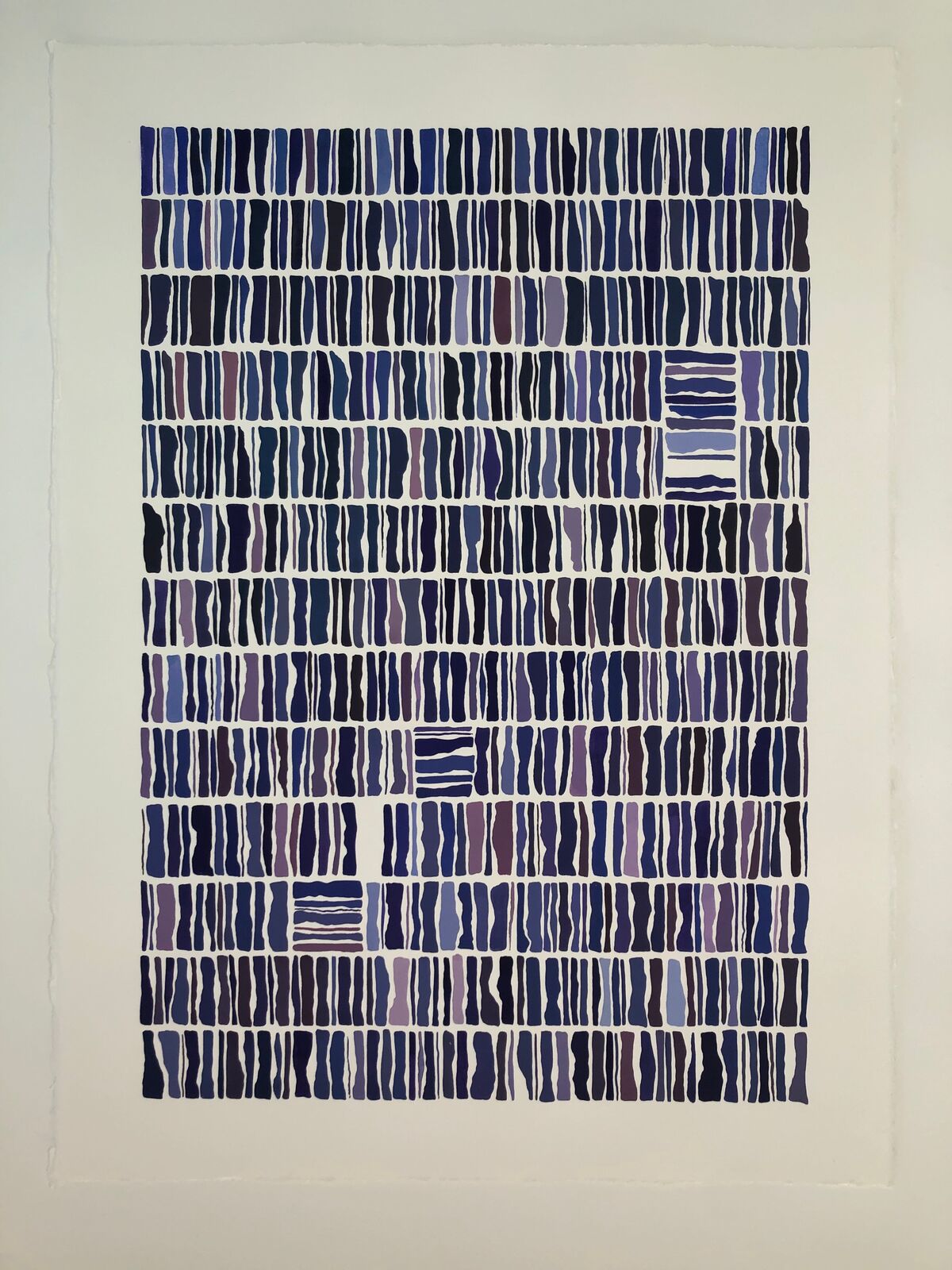 A rhythmic abstract composition of vertical blue and purple strokes on white paper.