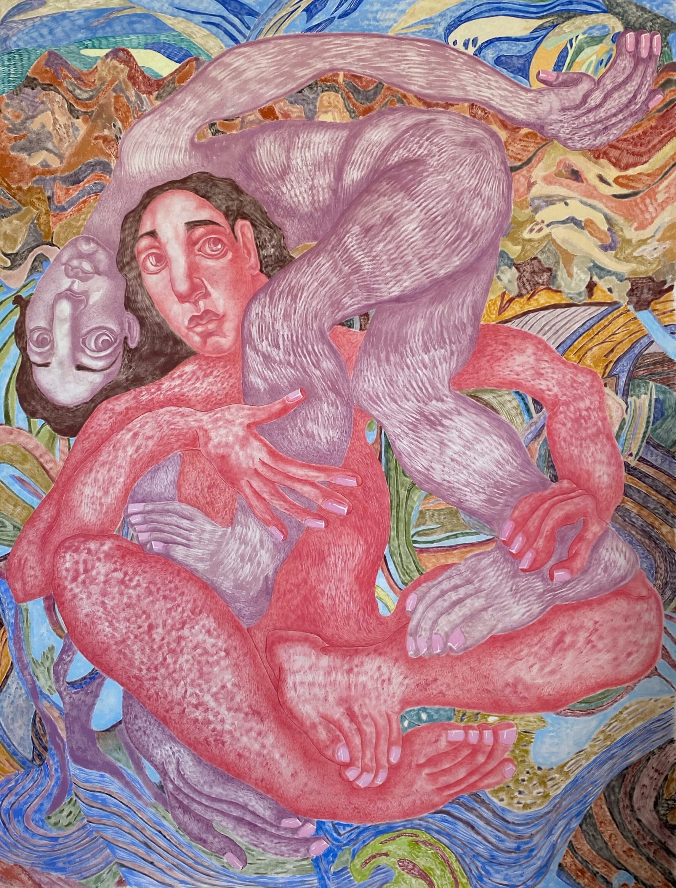 A painting of a man and a woman sitting on top of each other.