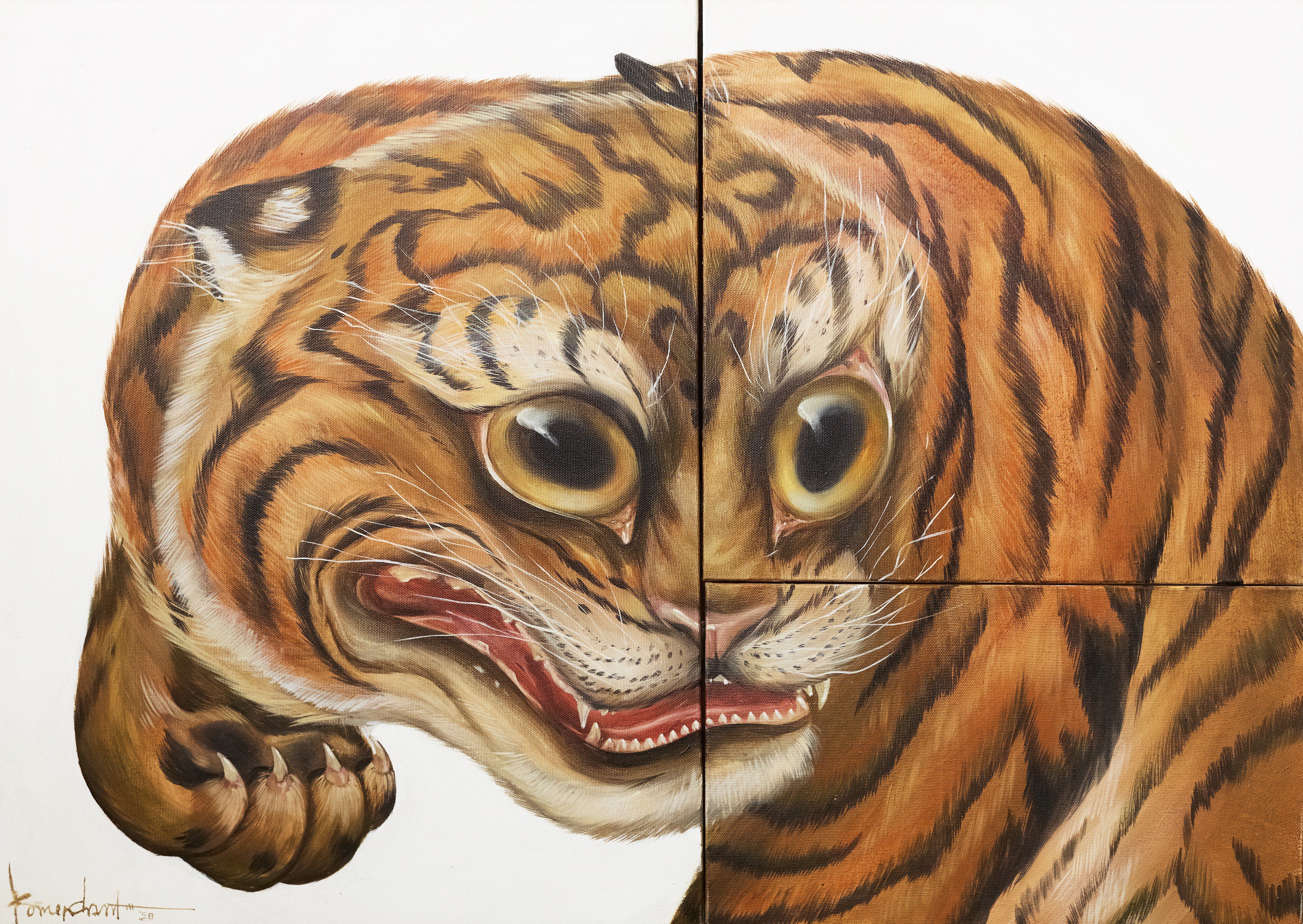 A painting of a tiger's face on a white background.