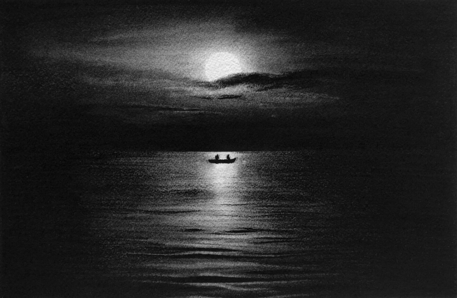 A black and white photo of two people in a boat in the ocean at night.
