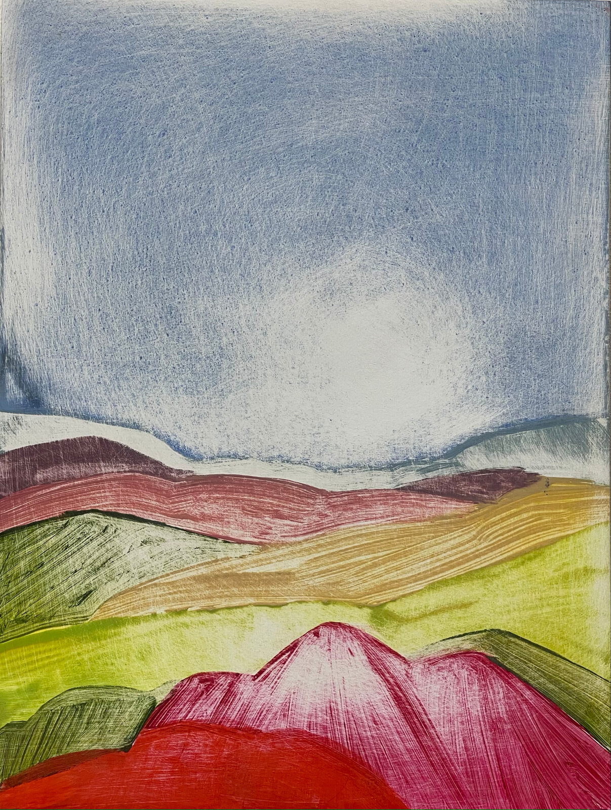 A drawing of a landscape with hills and mountains in the background.
