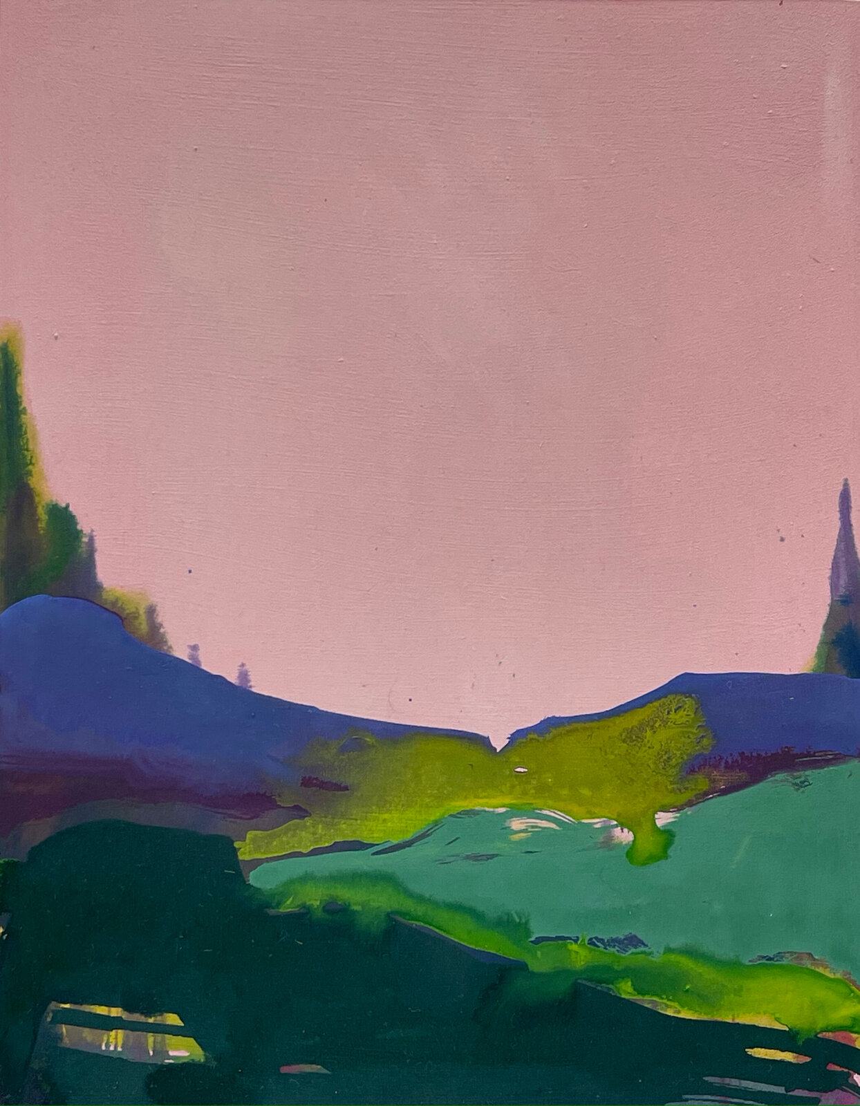 A painting of a landscape with hills and trees in the background.