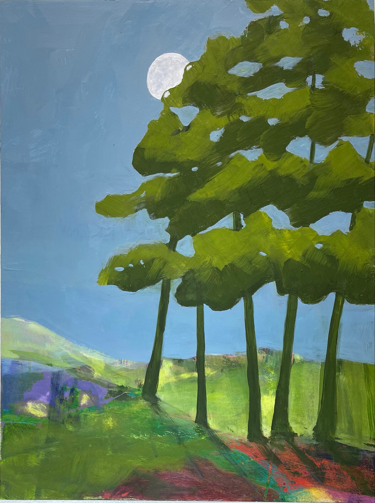 A painting of trees in a field with a full moon in the background.