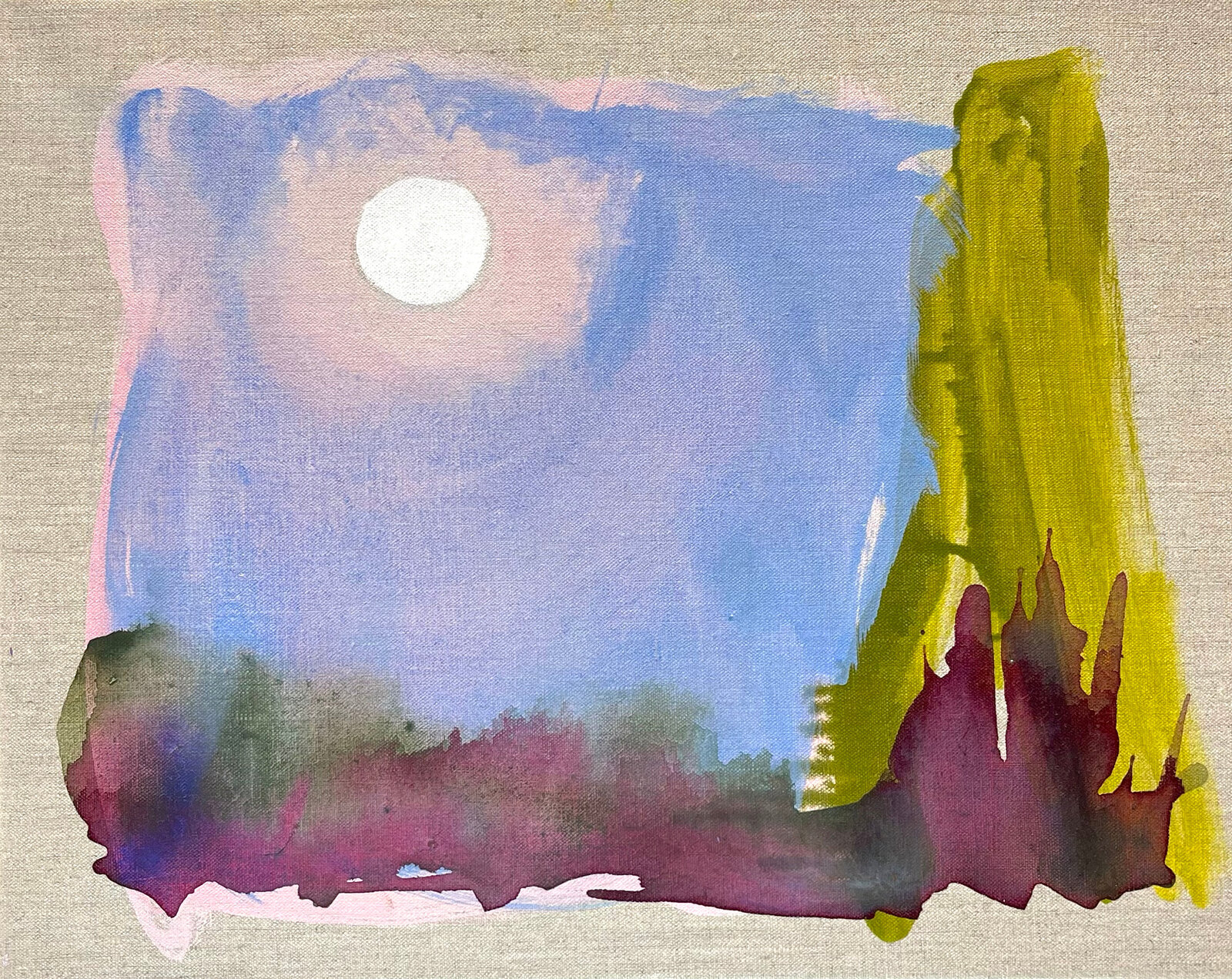 A watercolor painting of a full moon in the sky.