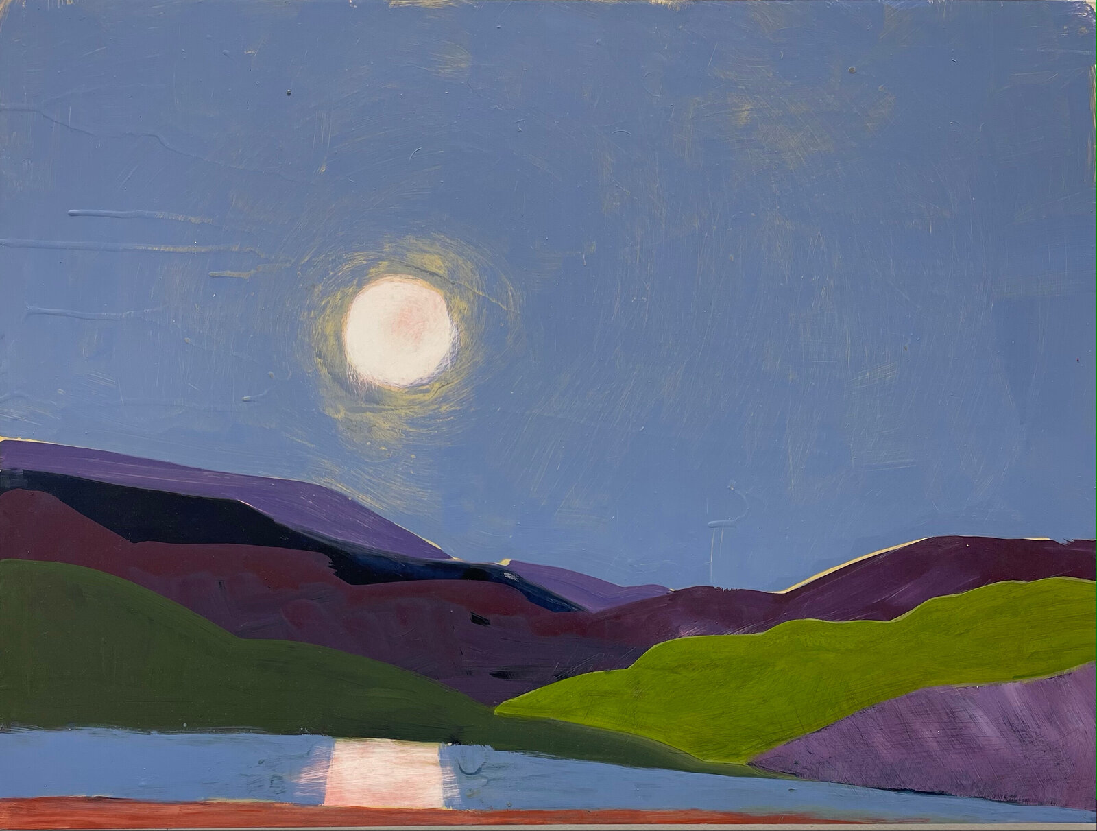 A painting of a full moon over a lake with mountains in the background.
