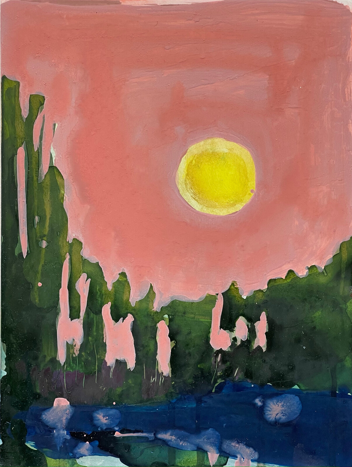 A painting of a pink sky with a yellow sun in the background.