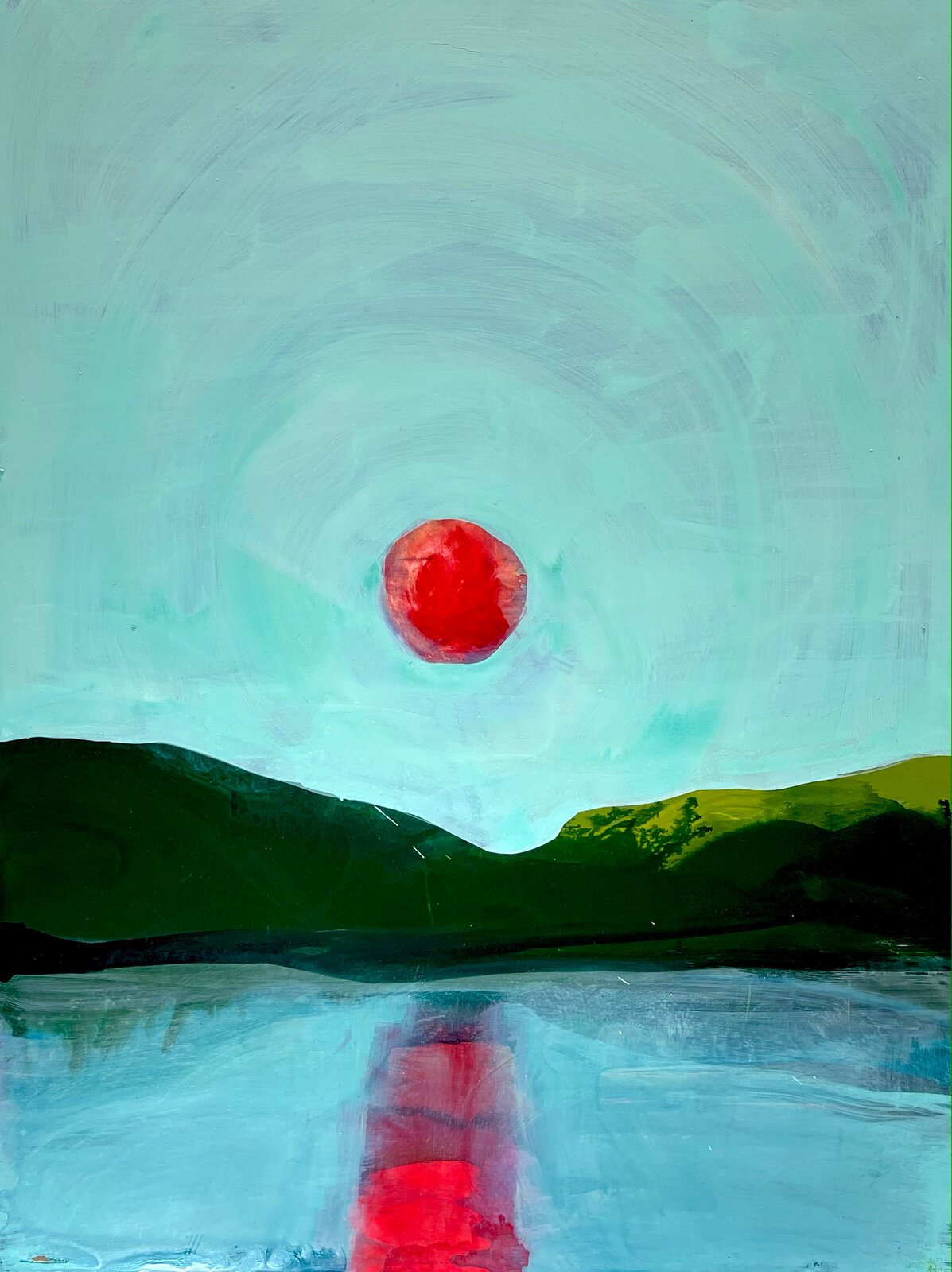 A painting of a red sun over a body of water.