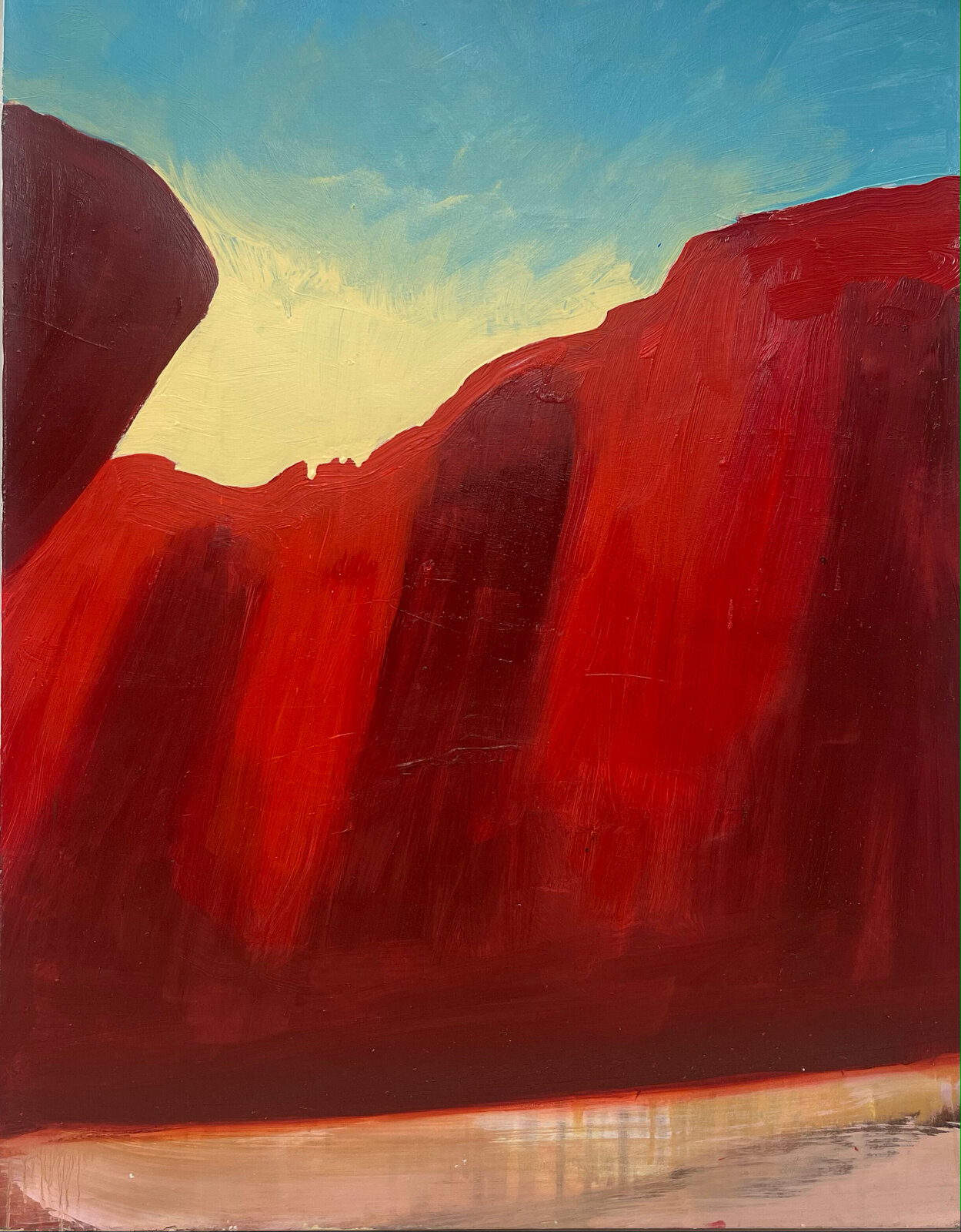 A painting of a red rock formation in the desert.