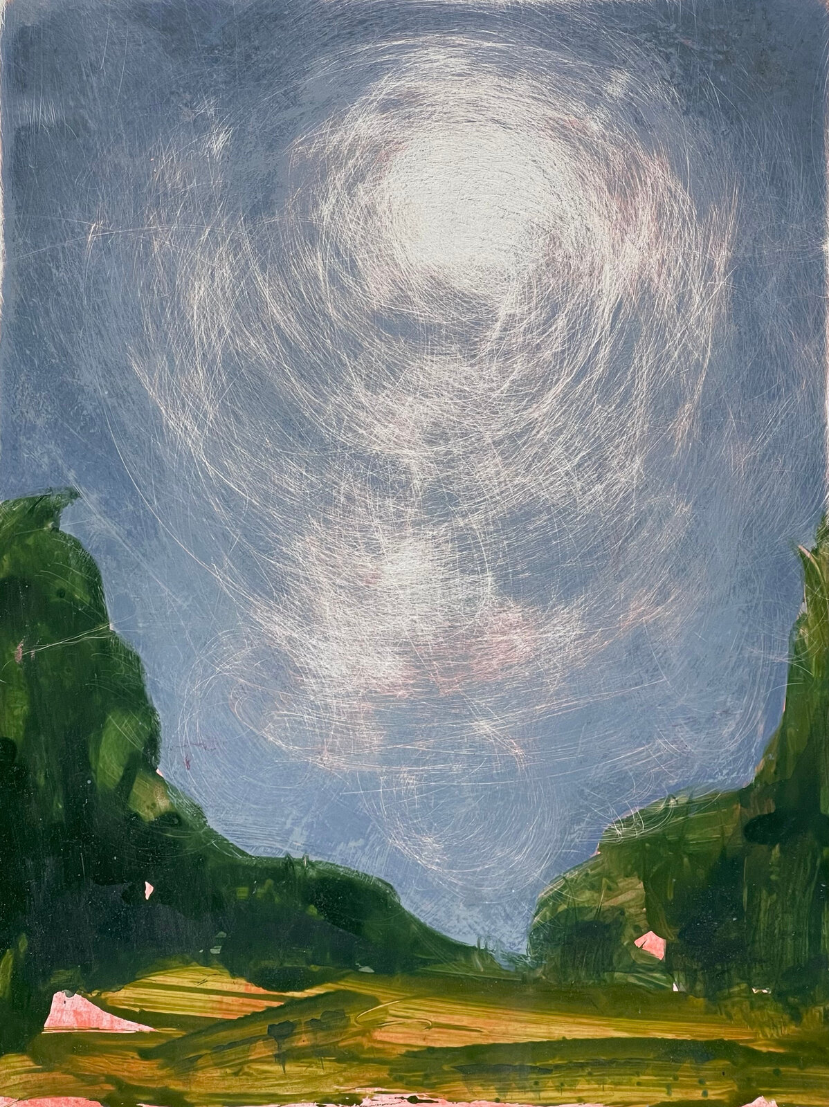 A painting of a landscape with a circle in the sky.