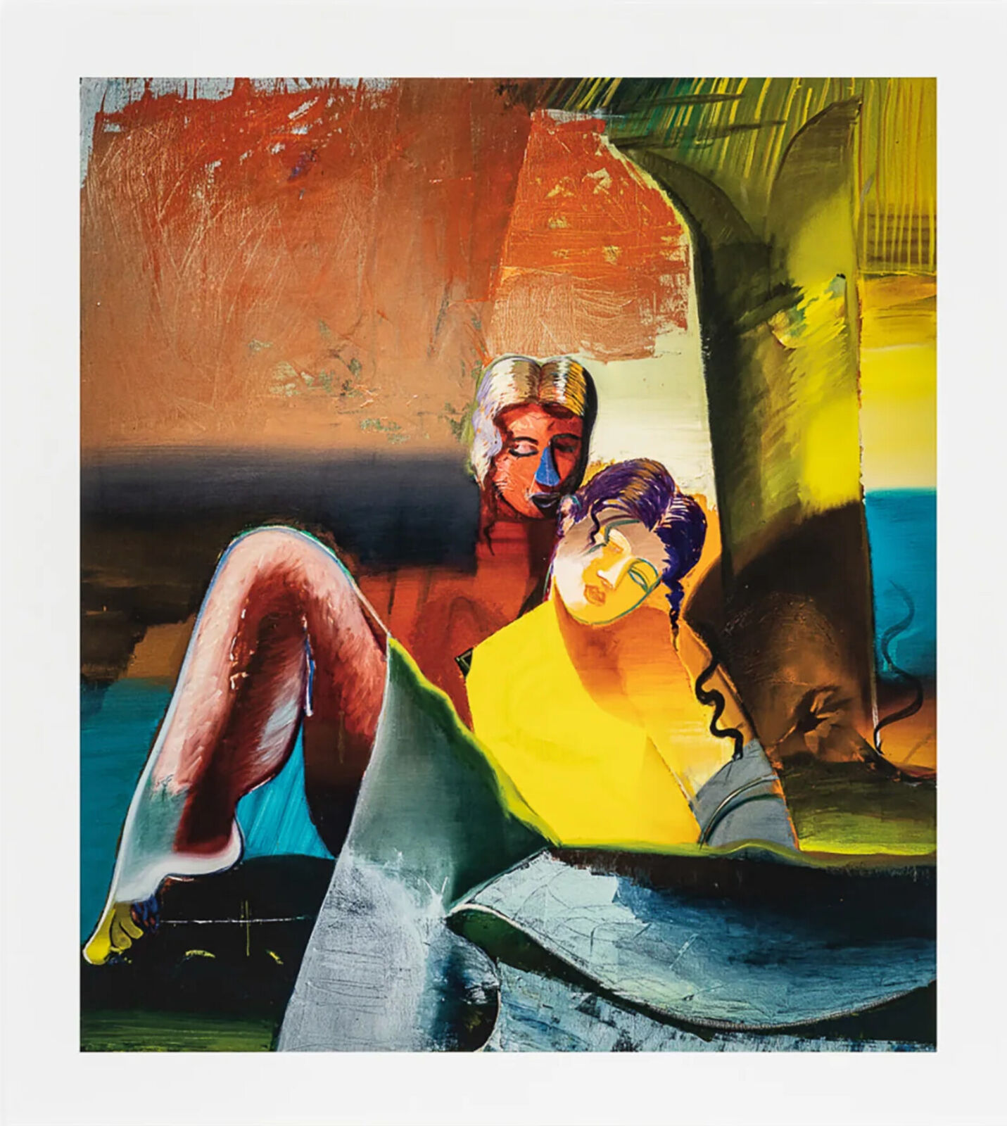 A painting of a woman sitting on a couch next to a man.