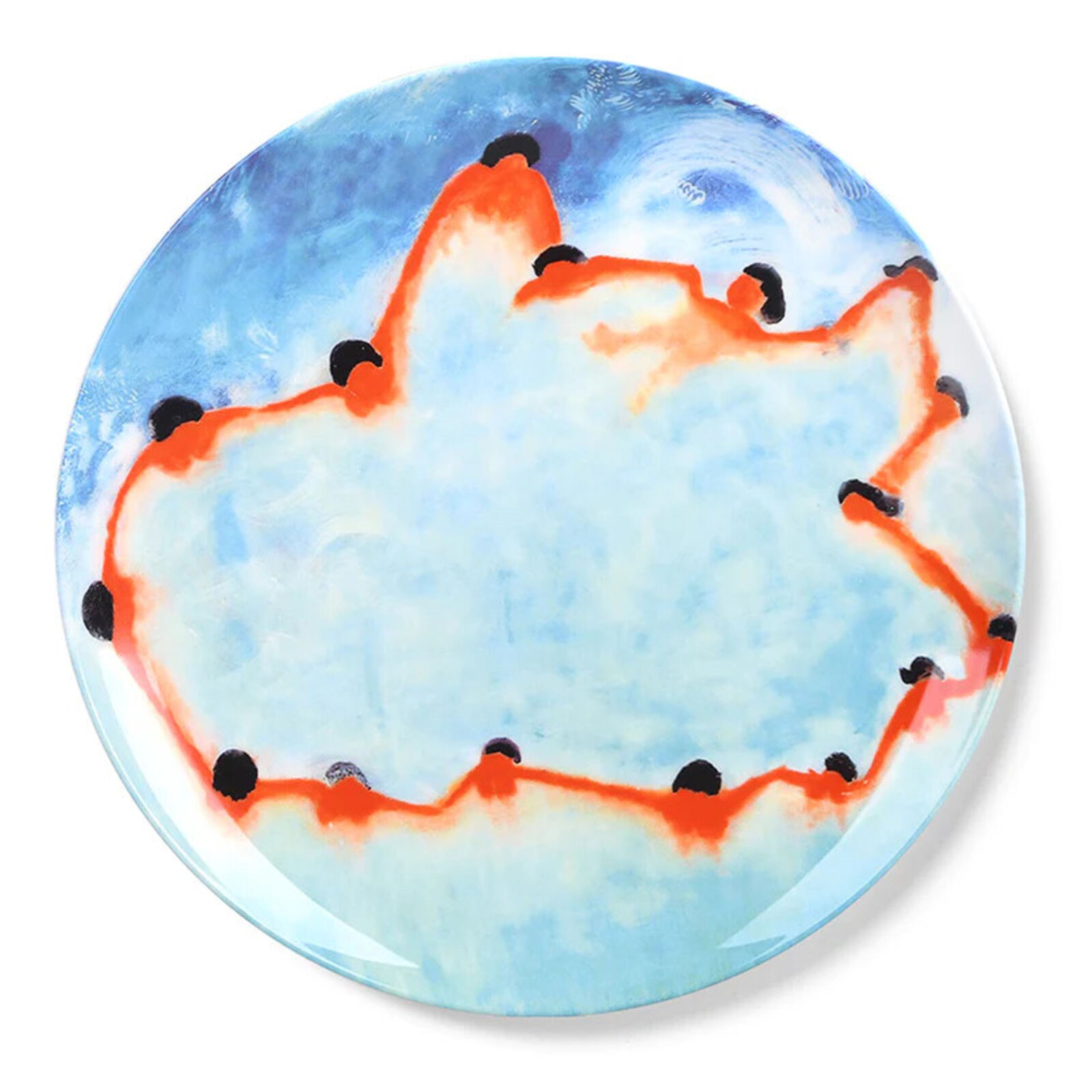 A blue and orange plate with black dots on it.