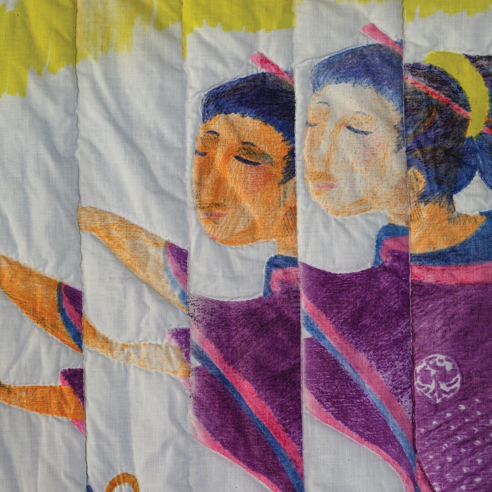 A colorful quilted tapestry featuring a whimsical scene of figures and animals against a bright, patterned background.