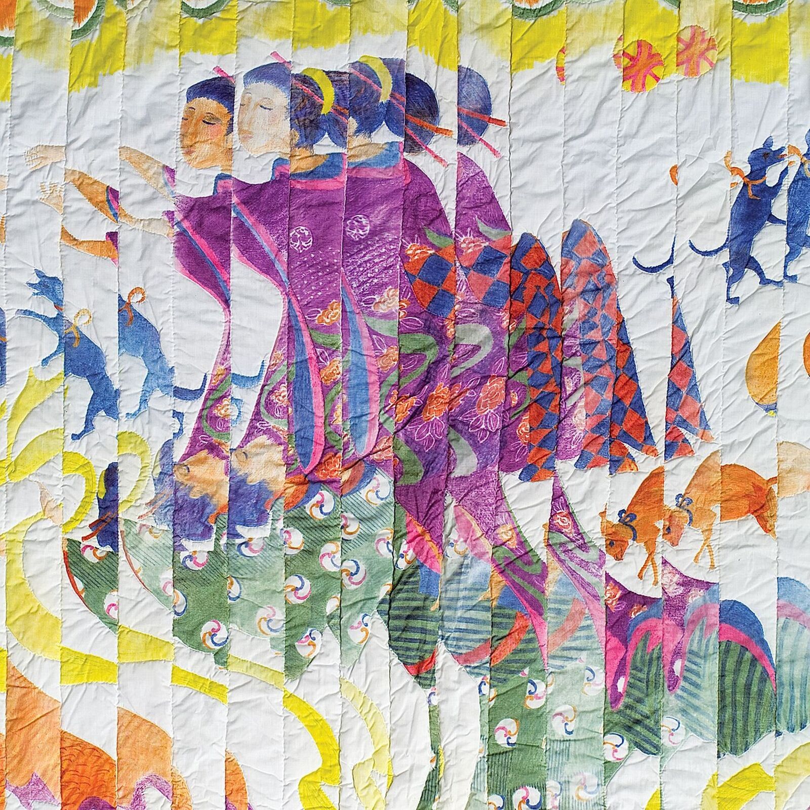 A colorful quilted tapestry featuring a whimsical scene of figures and animals against a bright, patterned background.