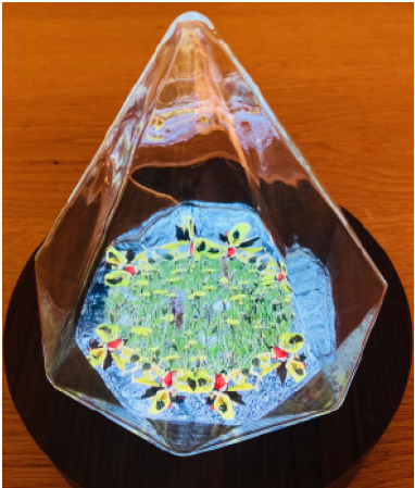 A glass bowl with a painting on it sitting on a table.