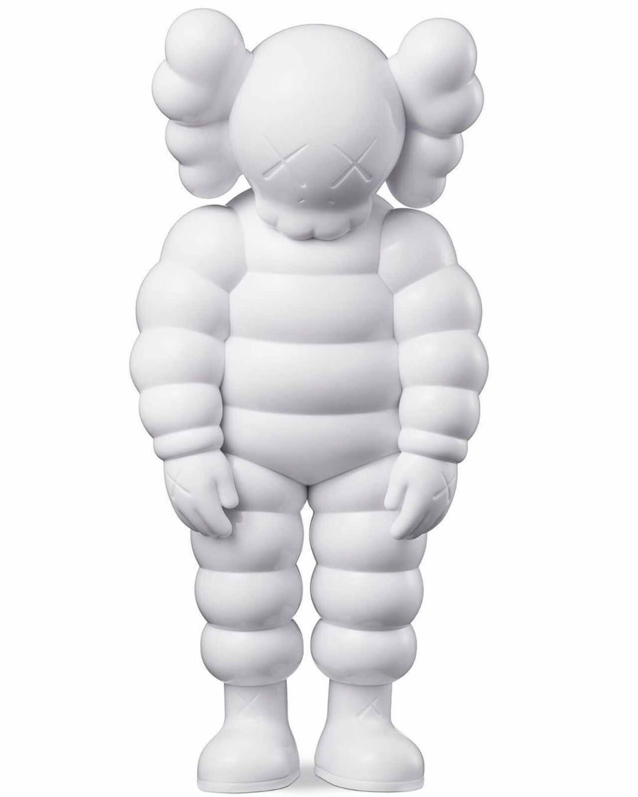 A white kaws sculpture of a man in a puffer suit.