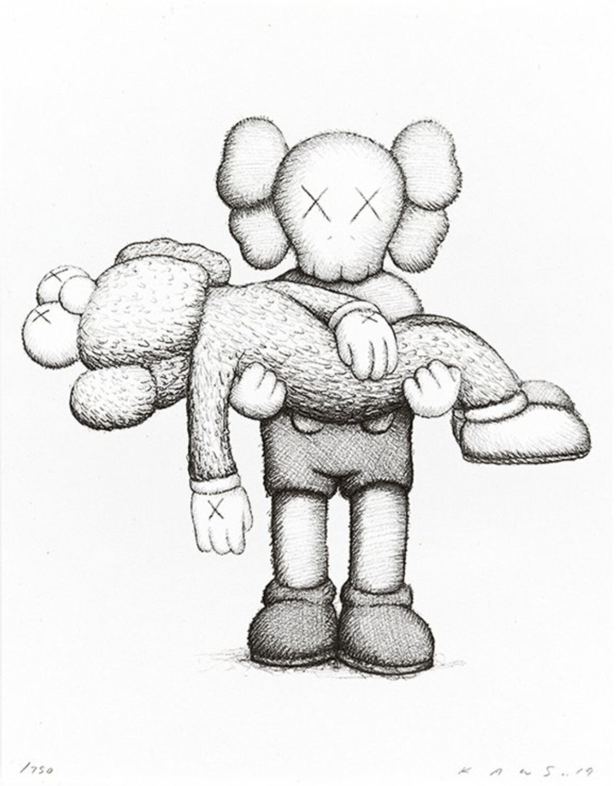 A drawing of a person holding a teddy bear.