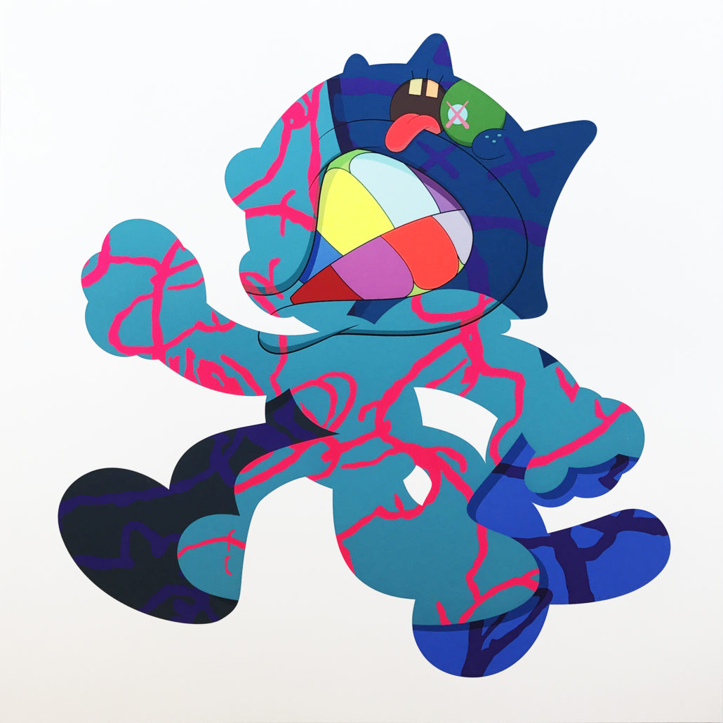 A blue and pink cat with a ball in its mouth.