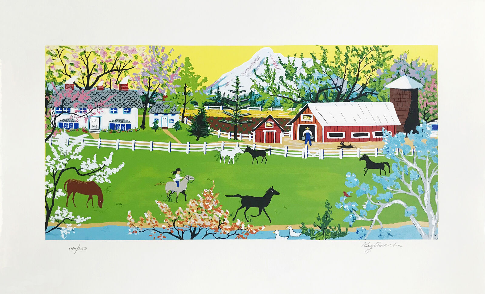 A painting of a farm scene with horses and people in the grass.