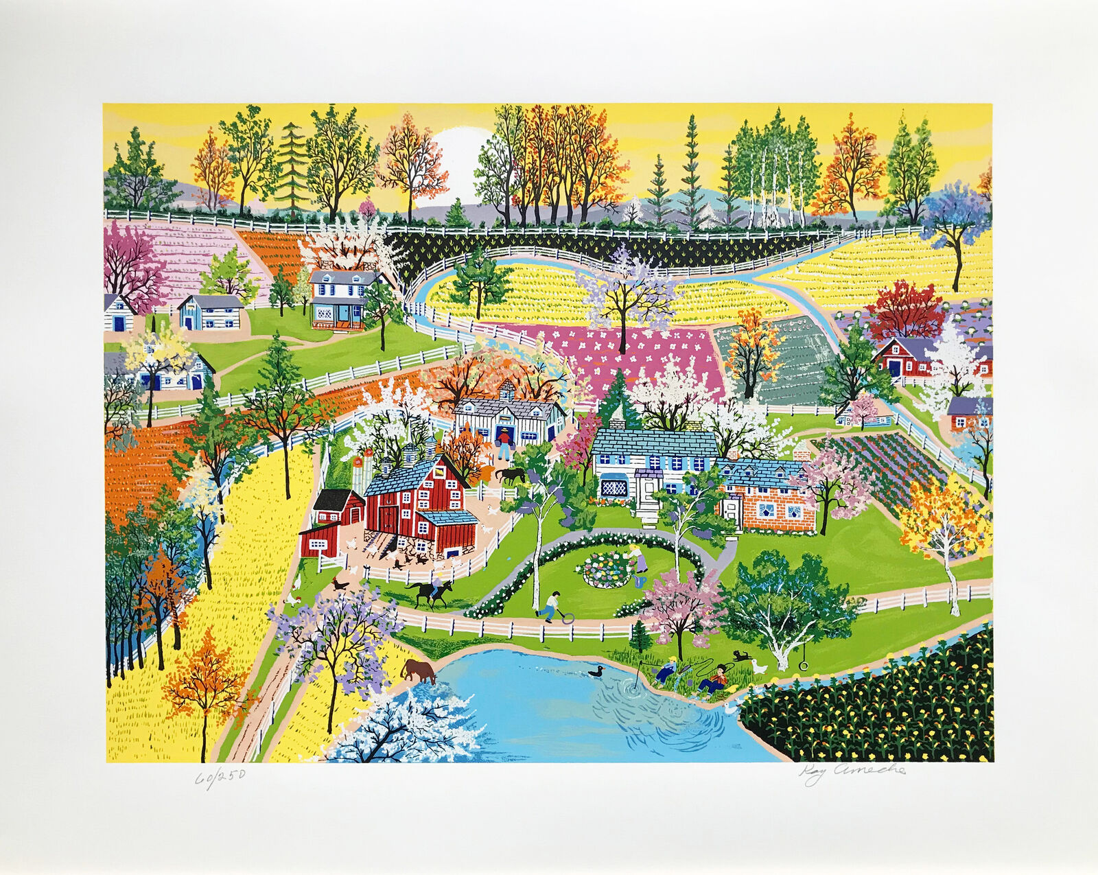 A painting of a farm scene with a pond in the foreground.