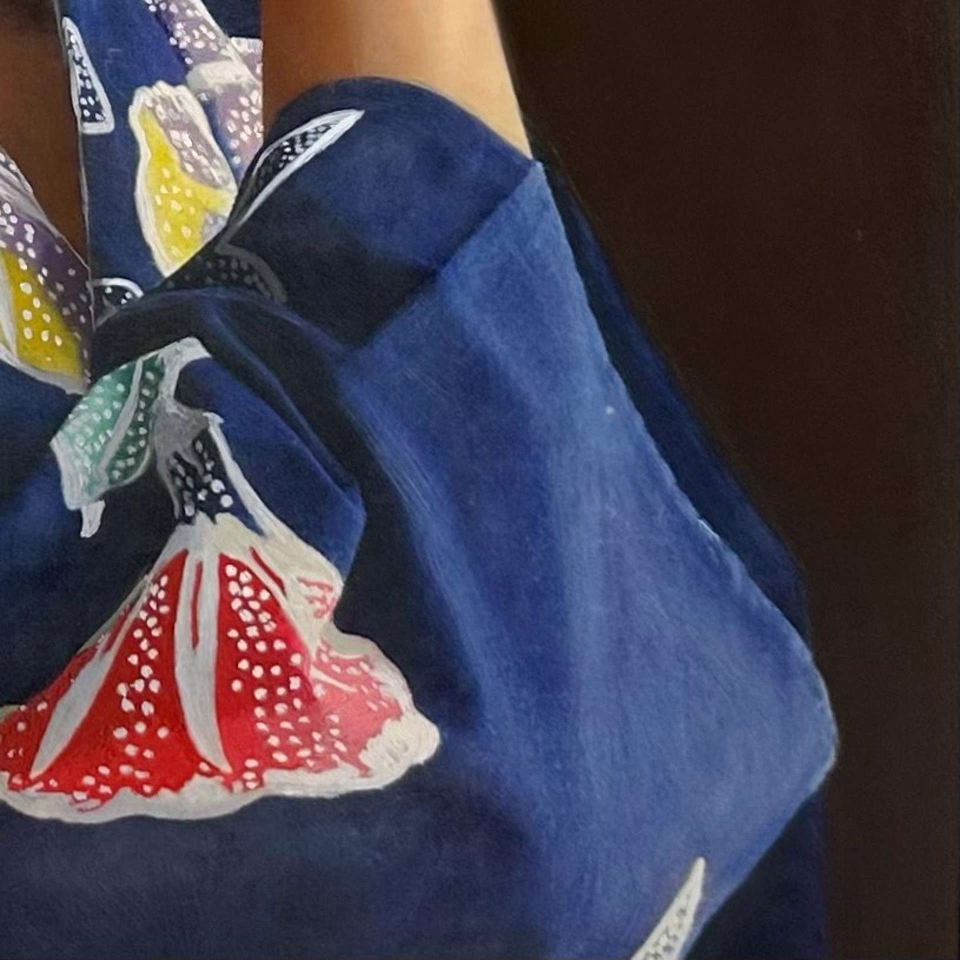 A painting of a young girl in a blue kimono.