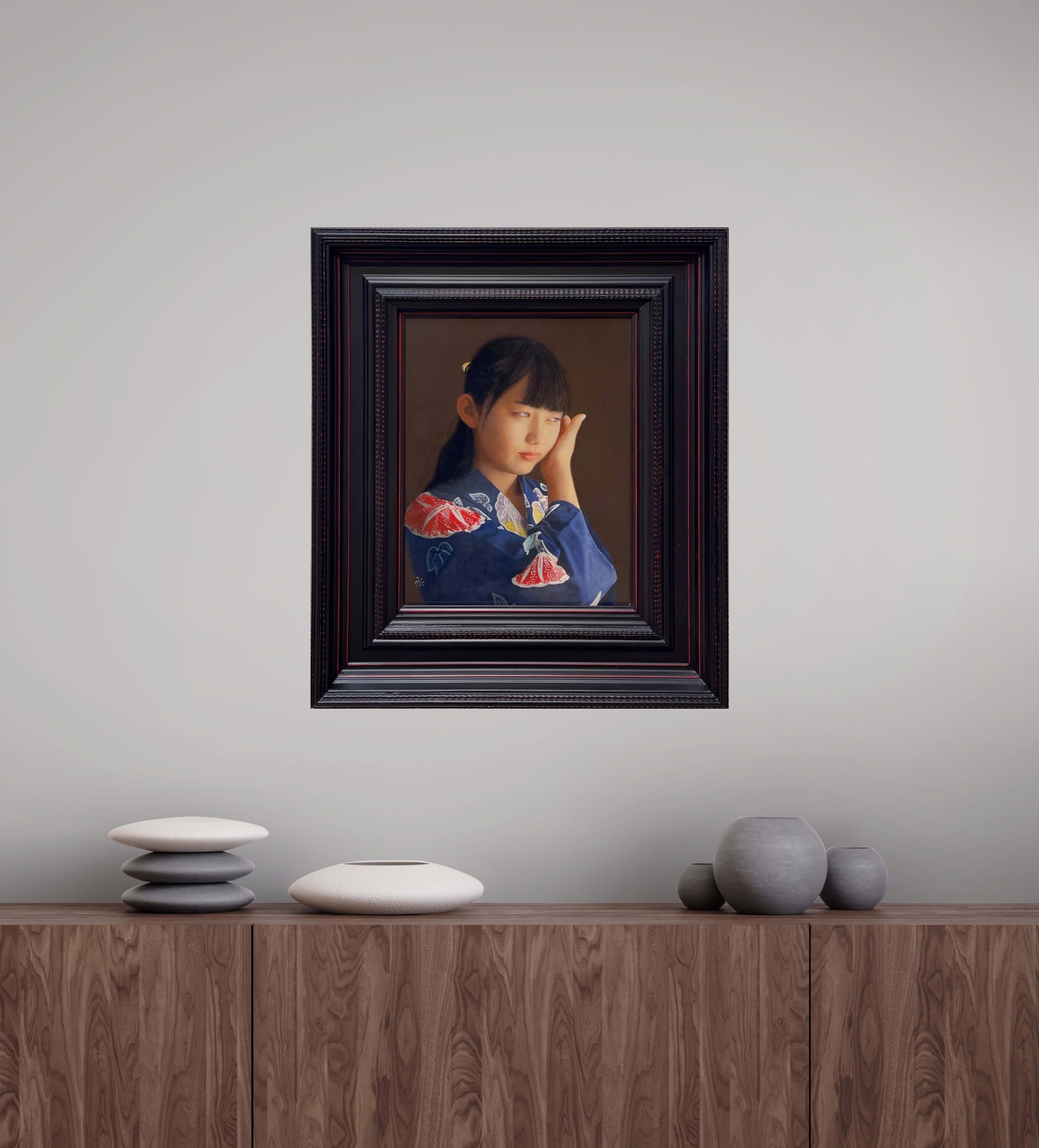 A painting of a young girl in a blue kimono.