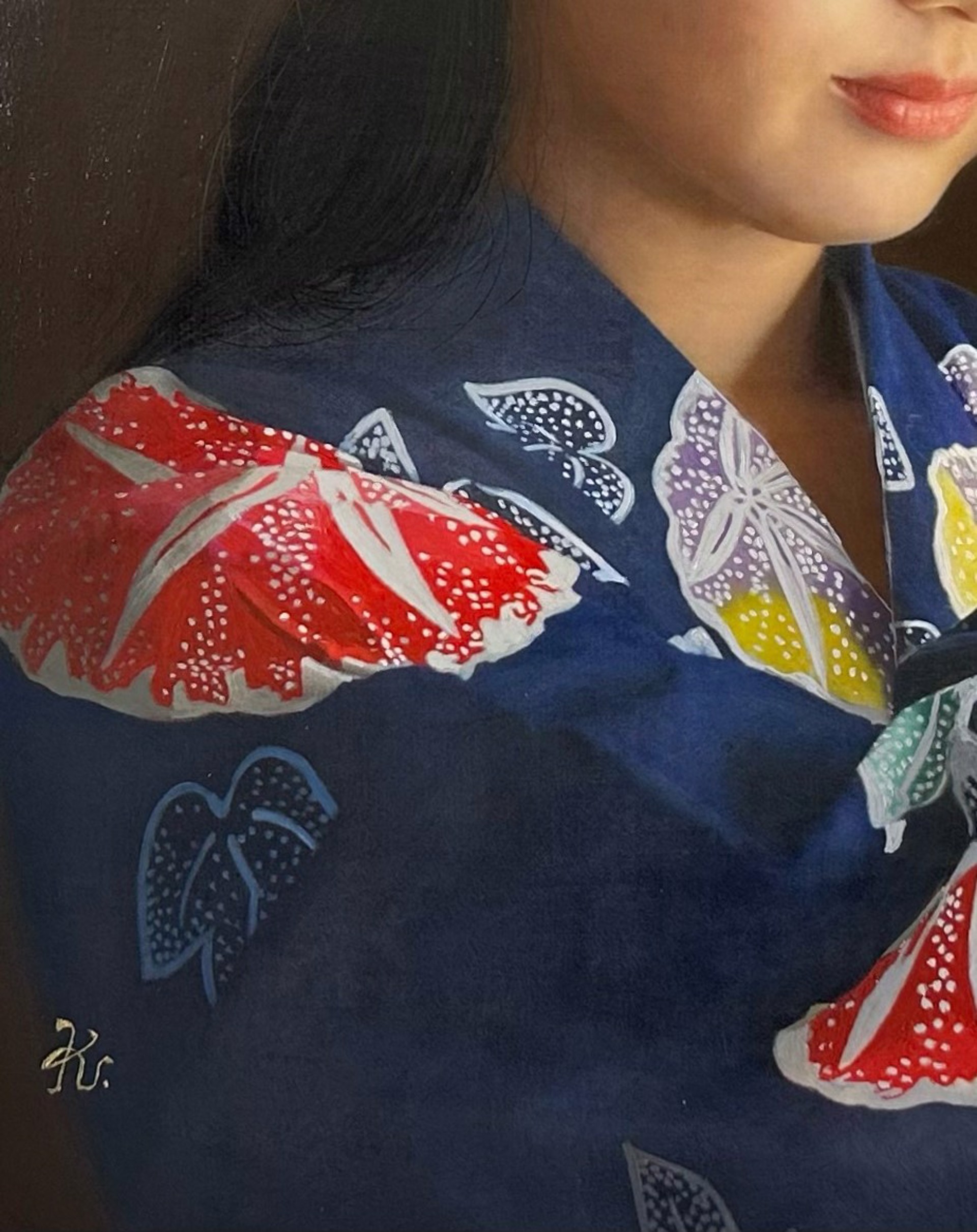 A painting of a young girl in a blue kimono.